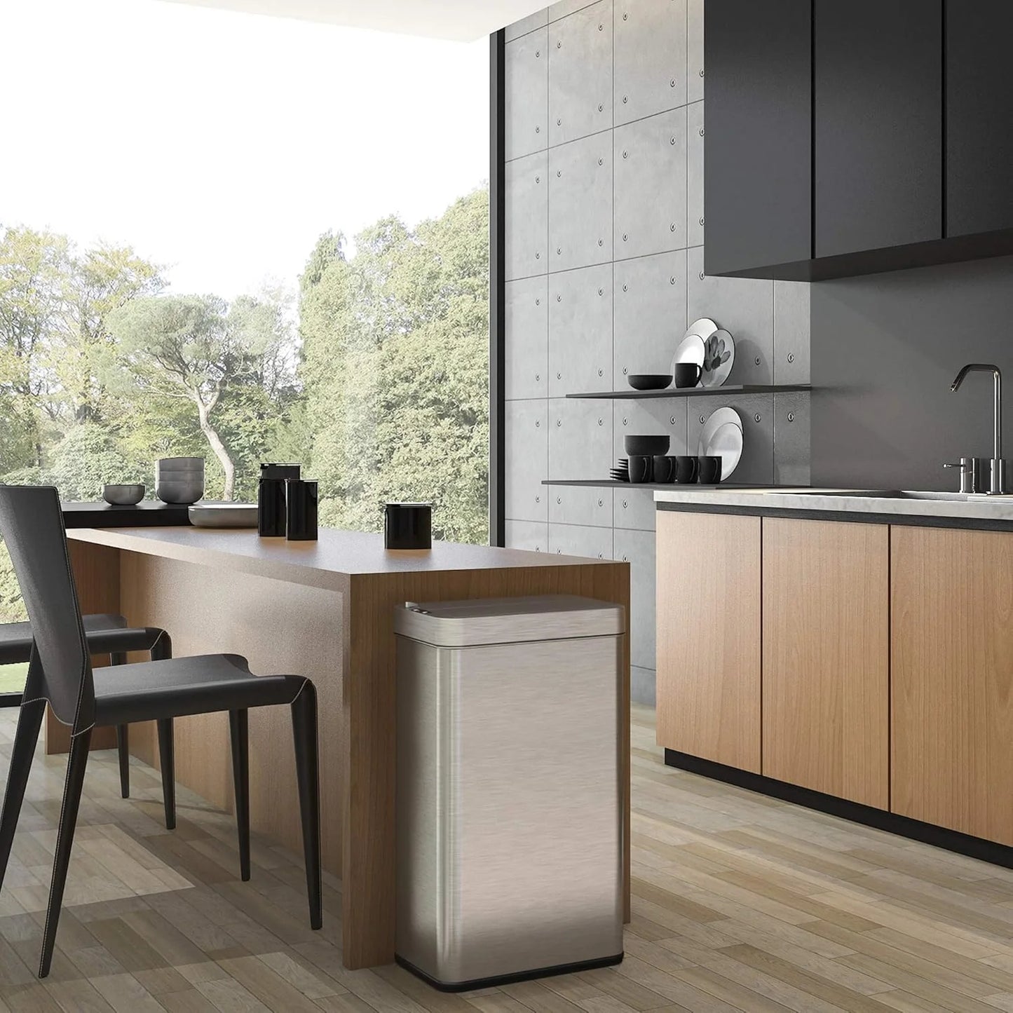 Silver Stainless Steel iTouchless 18 Gallon Wings Open Kitchen Trash Can with Lid and Odor Filter, Dog Proof Lid Lock 68 Liter Slim Stainless Steel Garbage Bin Home Office Bedroom Living Room Large Capacity Wastebasket, Good Condition condition - View 3