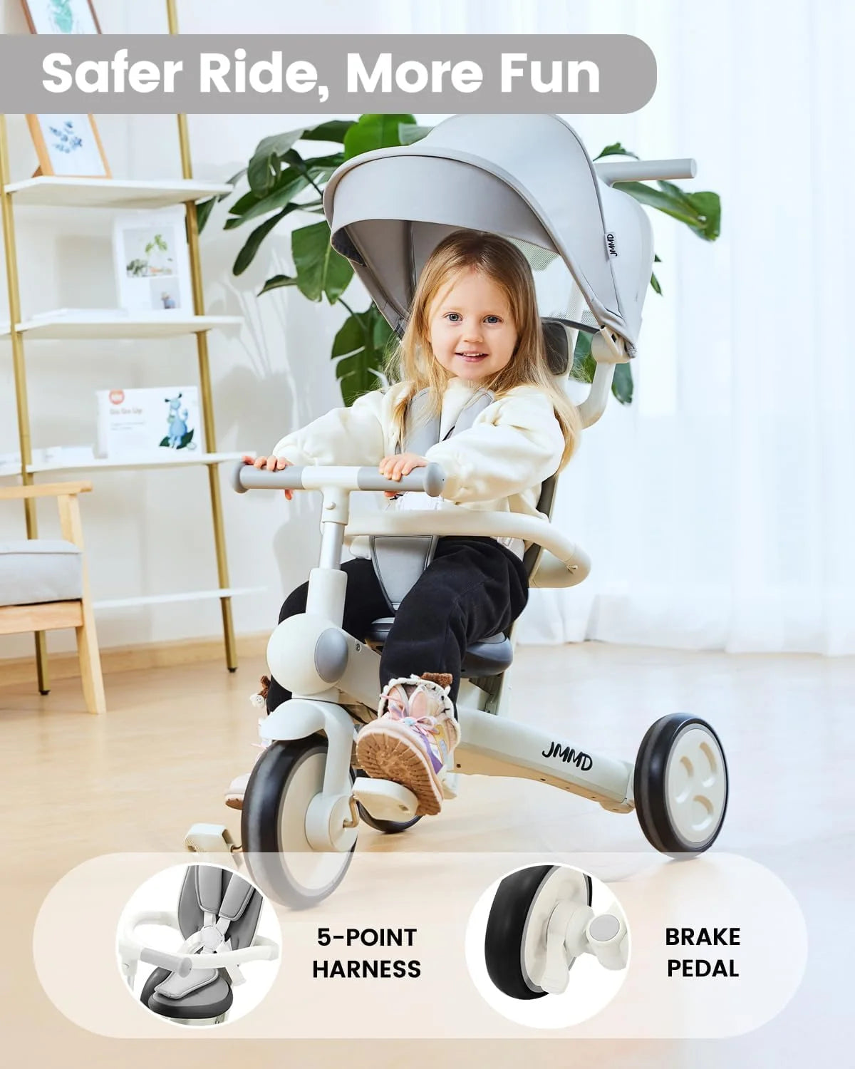 Gray JMMD Baby Tricycle, 7-in-1 Multifunctional Kids Trike with Adjustable Parent Handle, Safety Harness & Wheel Brakes, Removable Canopy, Stroll Trike for Boys & Girls Ages 18 Months-5 Years, Gray, Good Condition condition - View 10