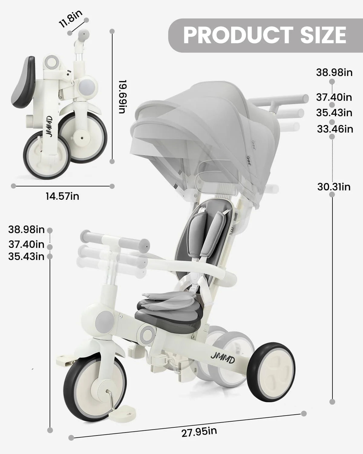 Gray JMMD Baby Tricycle, 7-in-1 Multifunctional Kids Trike with Adjustable Parent Handle, Safety Harness & Wheel Brakes, Removable Canopy, Stroll Trike for Boys & Girls Ages 18 Months-5 Years, Gray, Good Condition condition - View 11