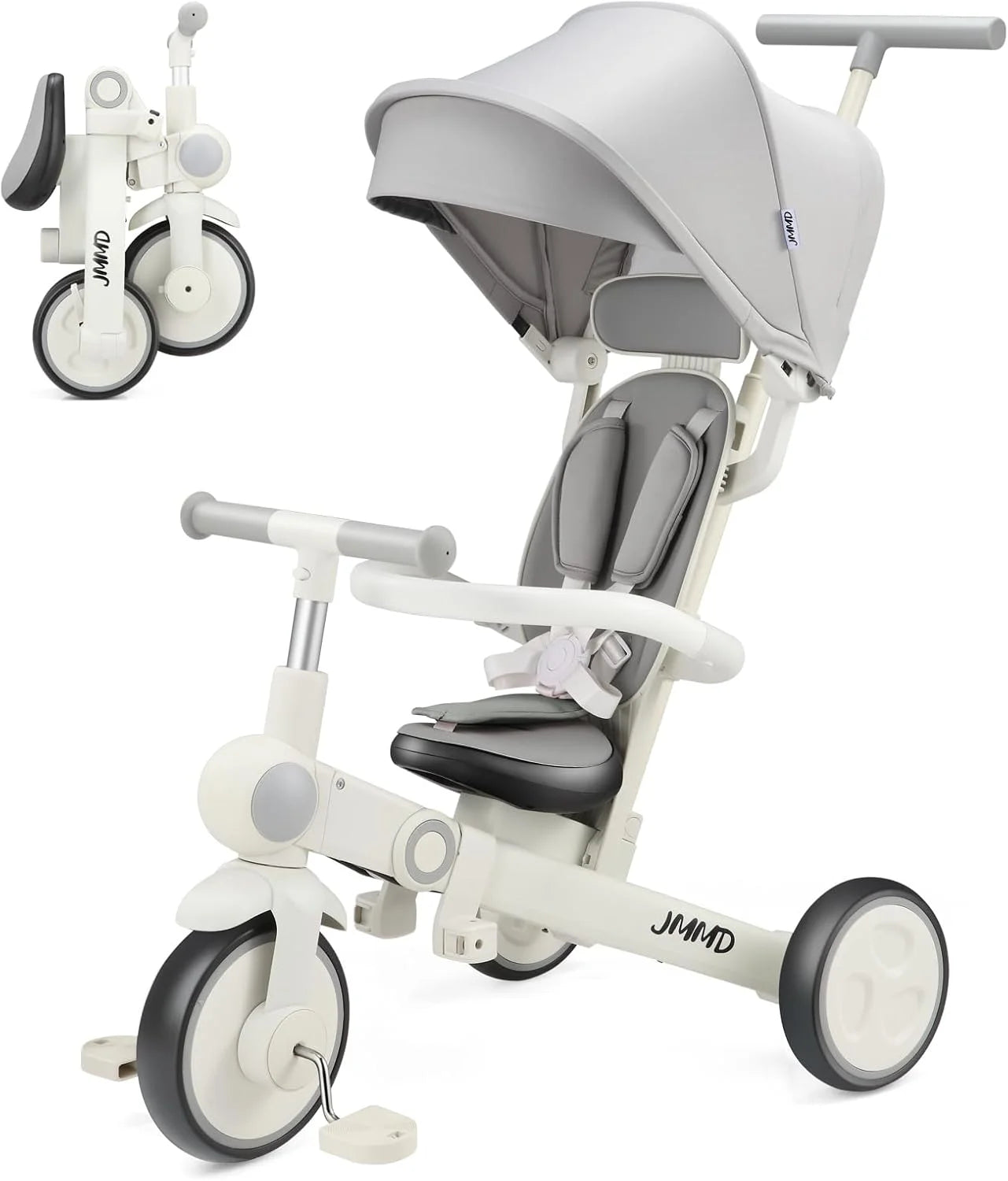 Gray JMMD Baby Tricycle, 7-in-1 Multifunctional Kids Trike with Adjustable Parent Handle, Safety Harness & Wheel Brakes, Removable Canopy, Stroll Trike for Boys & Girls Ages 18 Months-5 Years, Gray, Good Condition condition - View 1