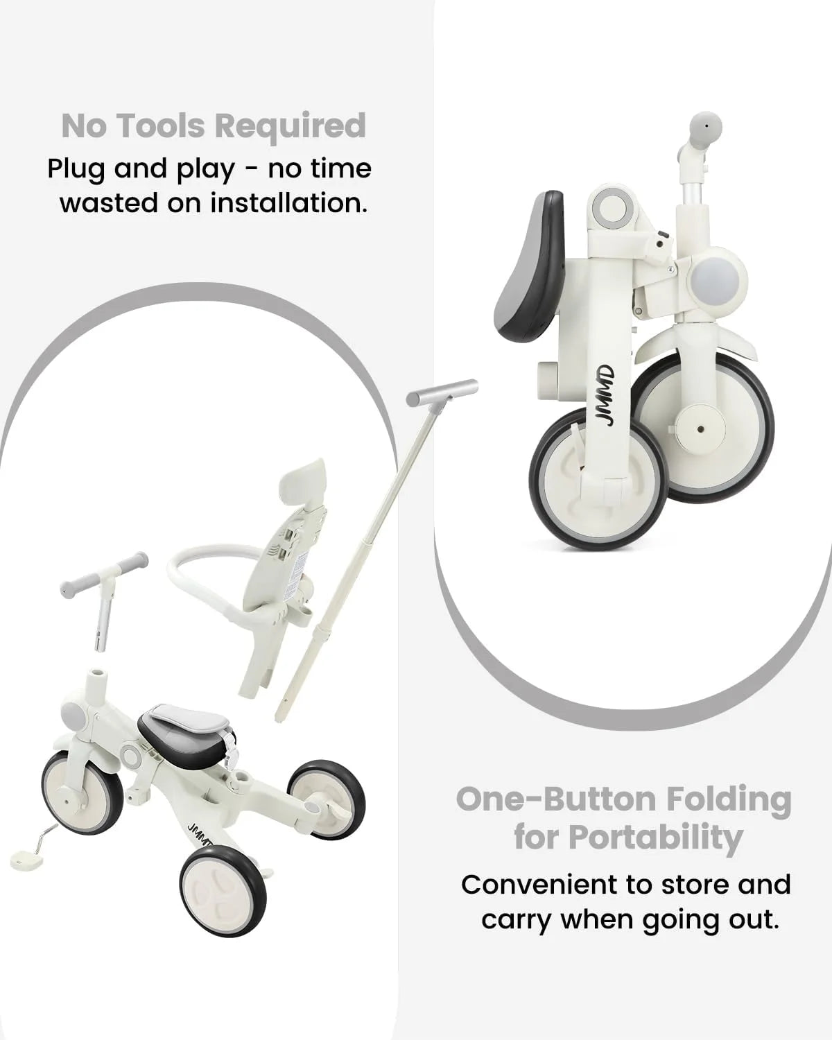 Gray JMMD Baby Tricycle, 7-in-1 Multifunctional Kids Trike with Adjustable Parent Handle, Safety Harness & Wheel Brakes, Removable Canopy, Stroll Trike for Boys & Girls Ages 18 Months-5 Years, Gray, Good Condition condition - View 9