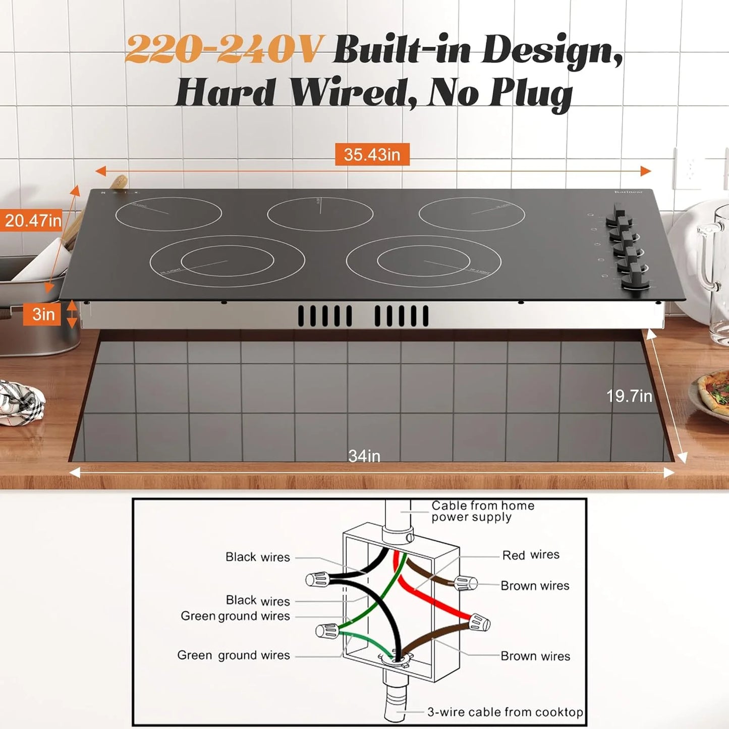 Black Ceramic Karinear 36 Inch Electric Cooktop 5 Burners, Knob Control Built-in Ceramic Cooktop, 36" Radiant Electric Stove Top, Over-Temperature Protection, Hot Surface Indicator, 220-240v, Hard Wire, No Plug, Brand New condition - View 9