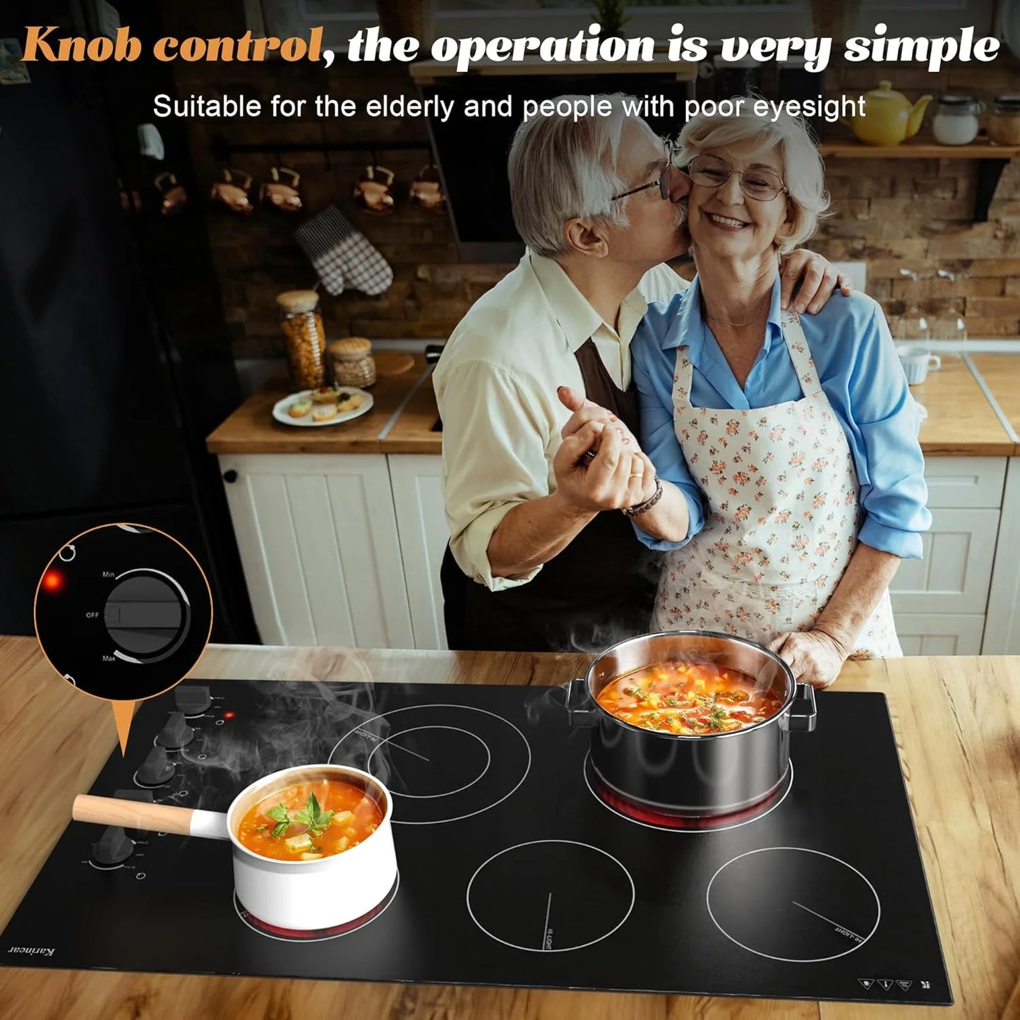 Black Ceramic Karinear 36 Inch Electric Cooktop 5 Burners, Knob Control Built-in Ceramic Cooktop, 36" Radiant Electric Stove Top, Over-Temperature Protection, Hot Surface Indicator, 220-240v, Hard Wire, No Plug, Brand New condition - View 4