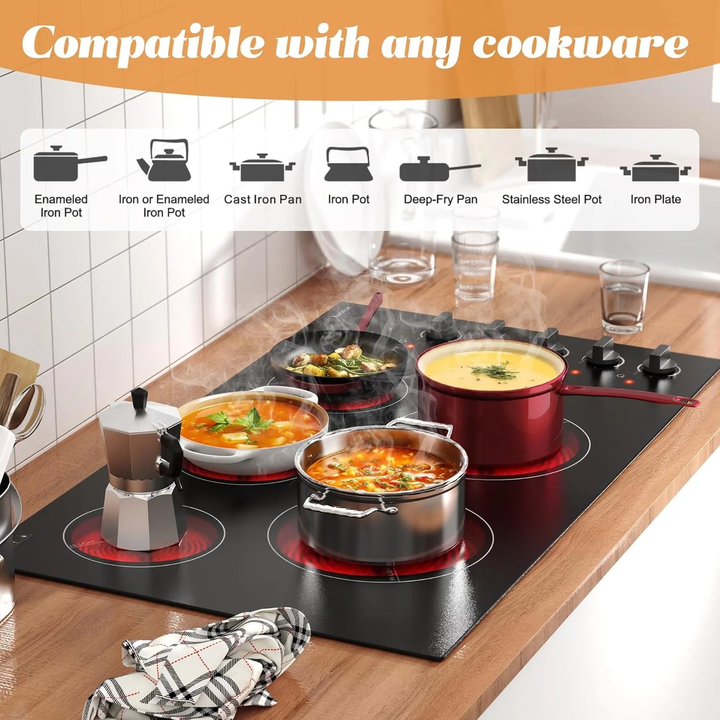 Black Ceramic Karinear 36 Inch Electric Cooktop 5 Burners, Knob Control Built-in Ceramic Cooktop, 36" Radiant Electric Stove Top, Over-Temperature Protection, Hot Surface Indicator, 220-240v, Hard Wire, No Plug, Brand New condition - View 5