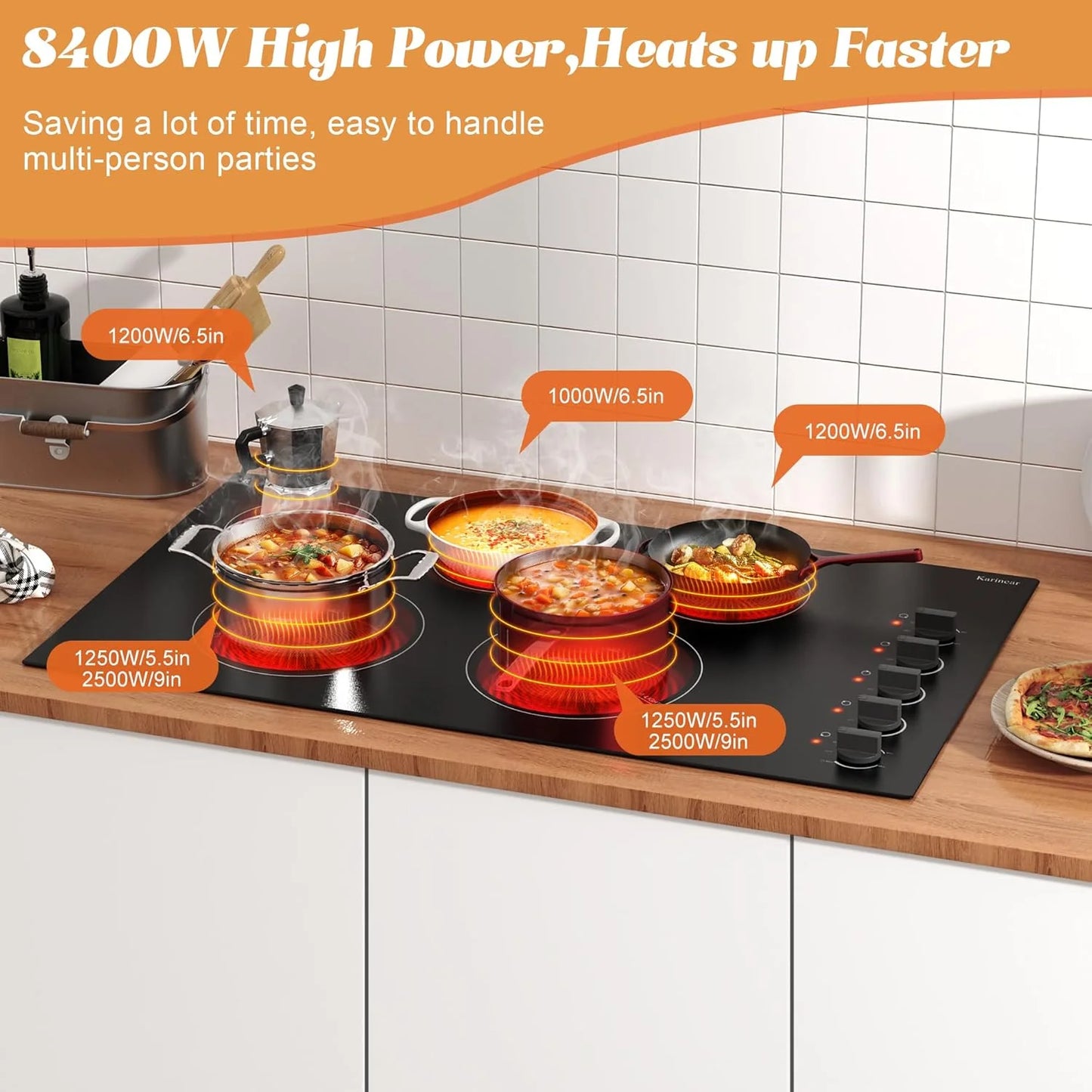 Black Ceramic Karinear 36 Inch Electric Cooktop 5 Burners, Knob Control Built-in Ceramic Cooktop, 36" Radiant Electric Stove Top, Over-Temperature Protection, Hot Surface Indicator, 220-240v, Hard Wire, No Plug, Brand New condition - View 7