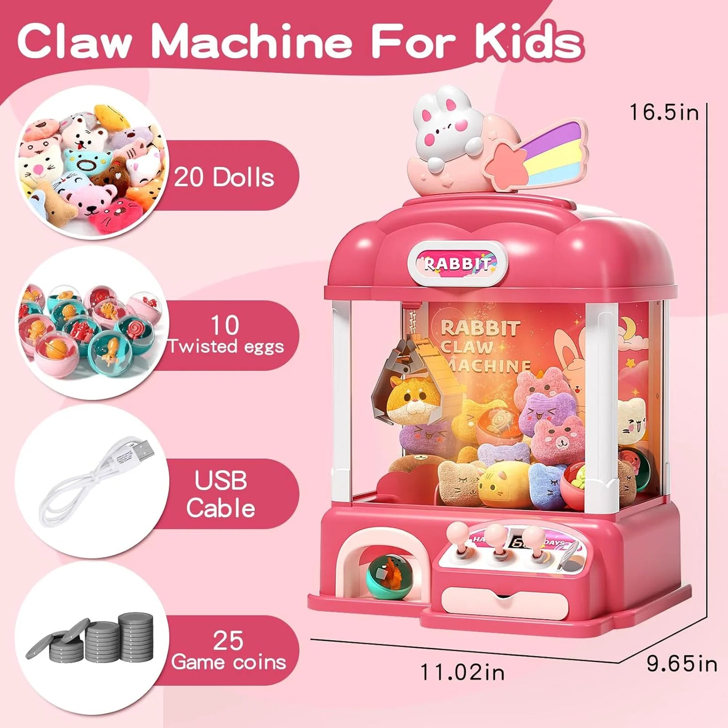 Multiple Plastic Kids Claw Machine, Candy Vending Grabber, Prize Dispenser Toys for Girls and Boys, Electronic Claw Game Machine for Party Birthdays with Lights Sound, Includes 30 Toys and 25 Game Coins, Brand New condition - View 8