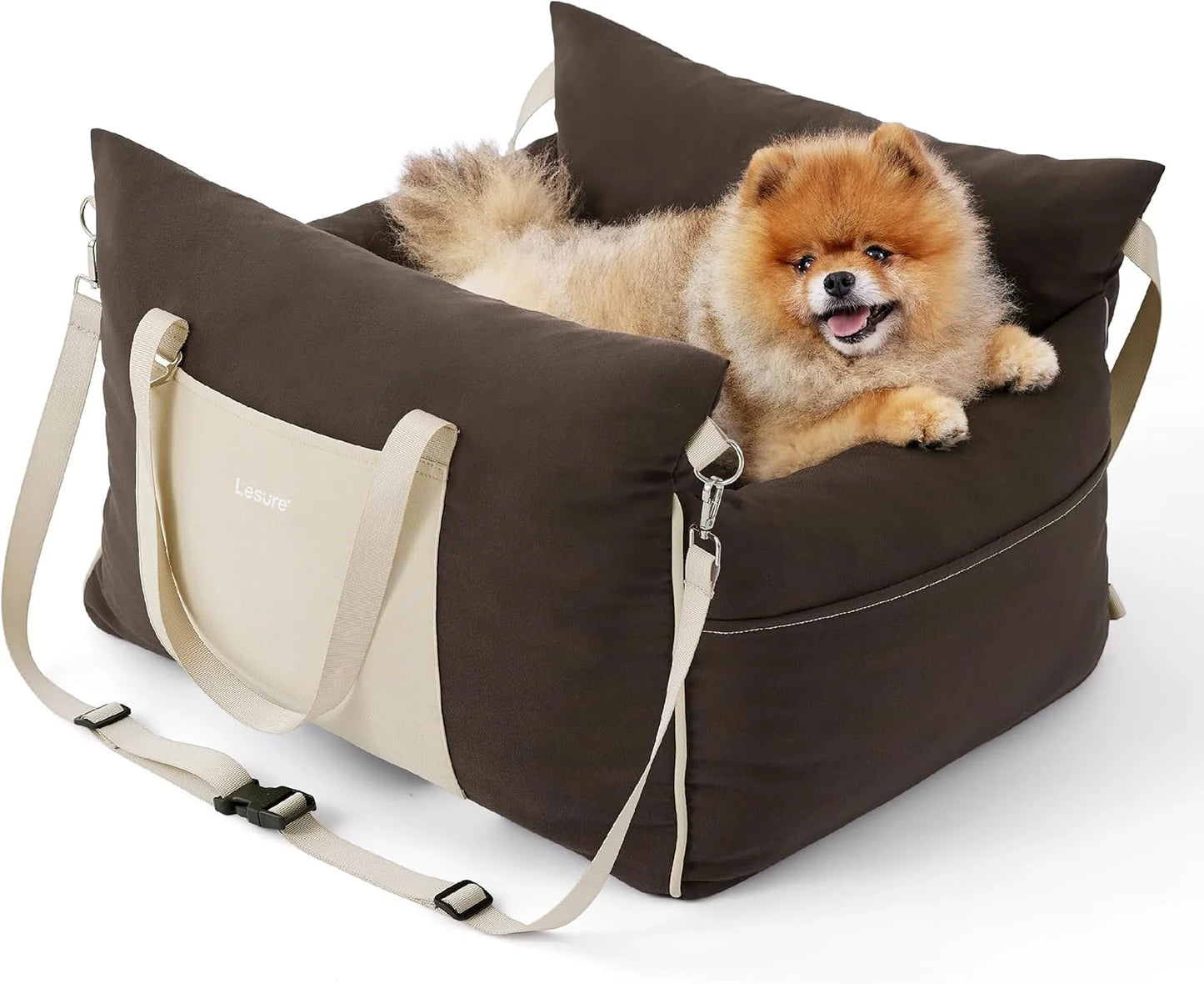Brown Waterproof fabric, memory foam Lesure Small Dog Car Seat for Small Dogs - Waterproof Dog Booster Seat for Car with Storage Pockets and Clip-On Safety Leash and Thickened Memory Foam Filling, Pet Travel Carrier Bed Brown, Good Condition condition - View 1