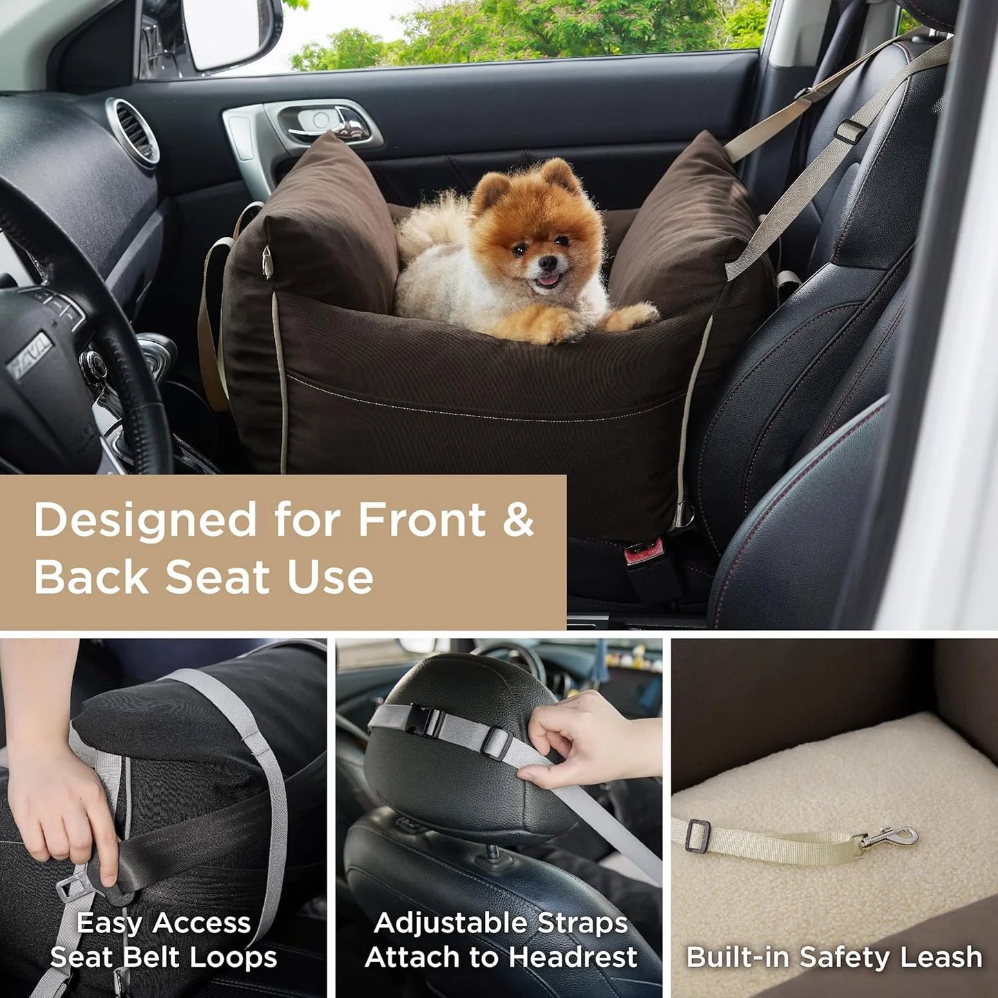 Brown Waterproof fabric, memory foam Lesure Small Dog Car Seat for Small Dogs - Waterproof Dog Booster Seat for Car with Storage Pockets and Clip-On Safety Leash and Thickened Memory Foam Filling, Pet Travel Carrier Bed Brown, Good Condition condition - View 4