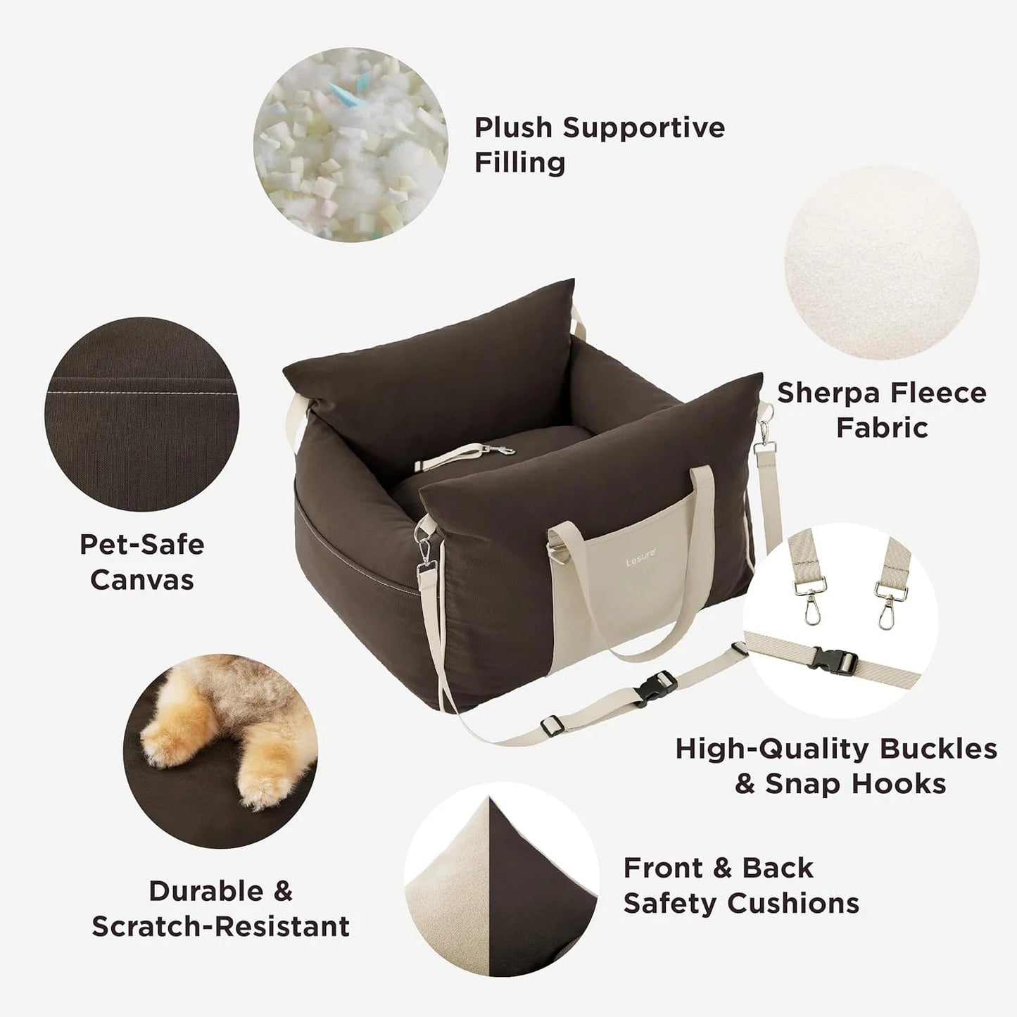 Brown Waterproof fabric, memory foam Lesure Small Dog Car Seat for Small Dogs - Waterproof Dog Booster Seat for Car with Storage Pockets and Clip-On Safety Leash and Thickened Memory Foam Filling, Pet Travel Carrier Bed Brown, Good Condition condition - View 6