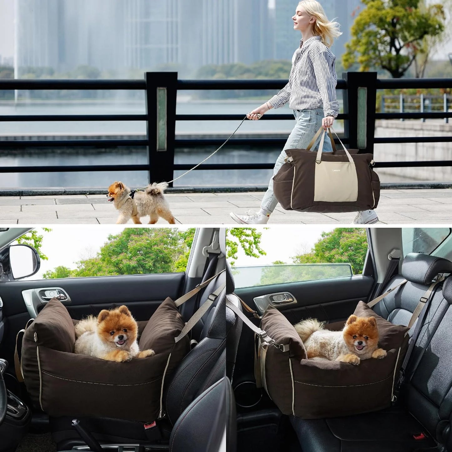 Brown Waterproof fabric, memory foam Lesure Small Dog Car Seat for Small Dogs - Waterproof Dog Booster Seat for Car with Storage Pockets and Clip-On Safety Leash and Thickened Memory Foam Filling, Pet Travel Carrier Bed Brown, Good Condition condition - View 7