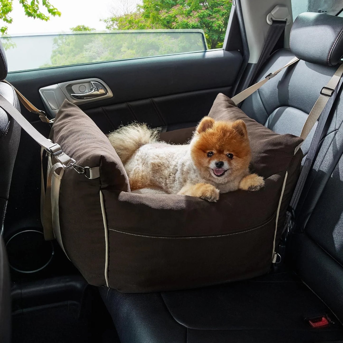 Brown Waterproof fabric, memory foam Lesure Small Dog Car Seat for Small Dogs - Waterproof Dog Booster Seat for Car with Storage Pockets and Clip-On Safety Leash and Thickened Memory Foam Filling, Pet Travel Carrier Bed Brown, Good Condition condition - View 9