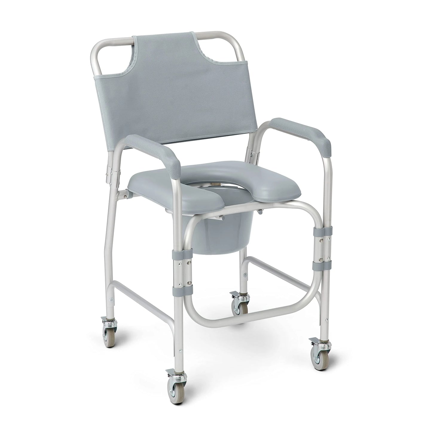 Gray Aluminum, Padded Medline Aluminum Padded Shower Chair Commode with 4 Locking Casters, 300 lbs. Capacity, Good Condition condition - View 1