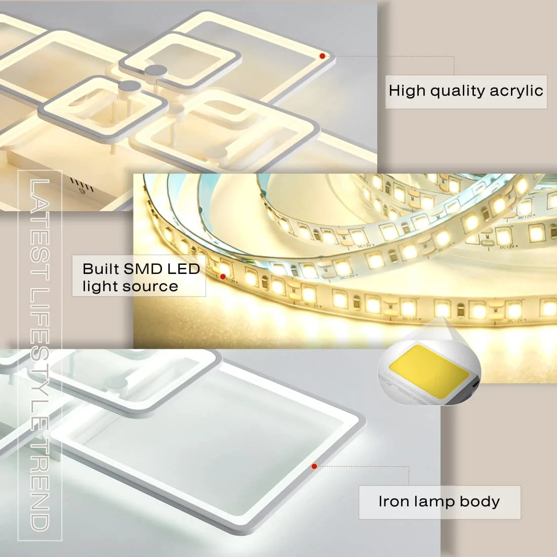 White Acrylic Modern LED Ceiling Light,41.7in White Modern LED Ceiling Light Dimmable for Living Room,8 Square Frame Acrylic with Remote Ceiling Lamps for Kitchen Bedroom Dining Room, Good Condition condition - View 10