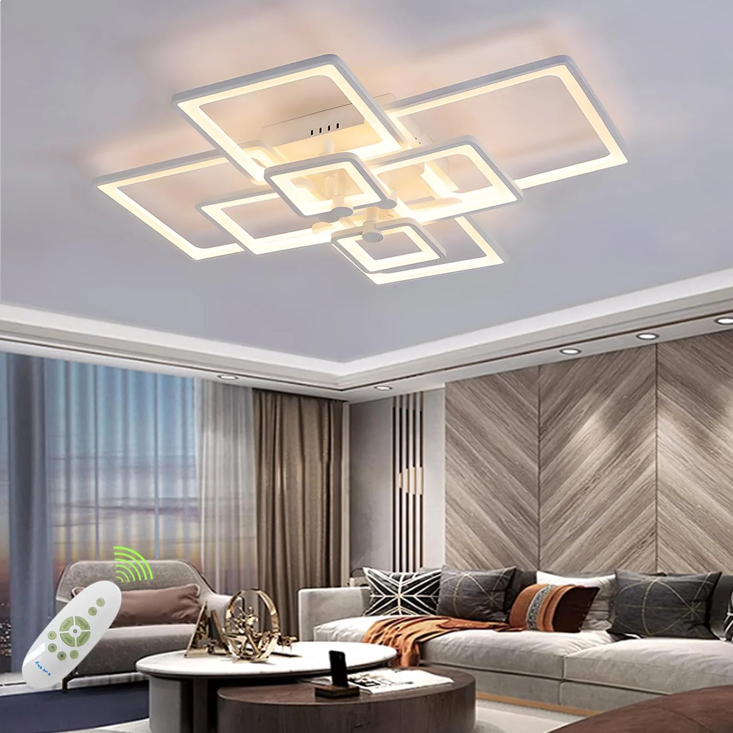 White Acrylic Modern LED Ceiling Light,41.7in White Modern LED Ceiling Light Dimmable for Living Room,8 Square Frame Acrylic with Remote Ceiling Lamps for Kitchen Bedroom Dining Room, Good Condition condition - View 1