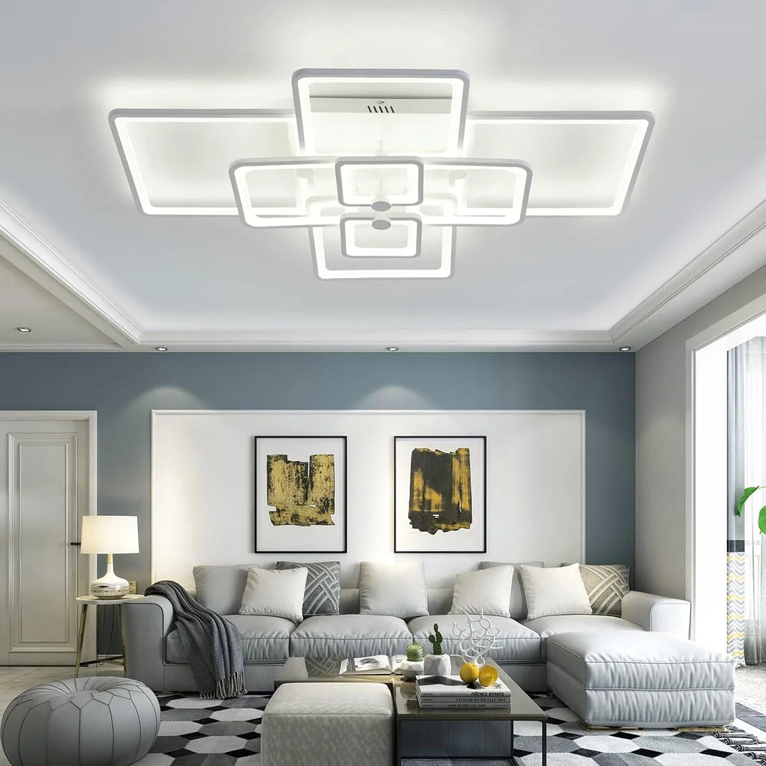 White Acrylic Modern LED Ceiling Light,41.7in White Modern LED Ceiling Light Dimmable for Living Room,8 Square Frame Acrylic with Remote Ceiling Lamps for Kitchen Bedroom Dining Room, Good Condition condition - View 6