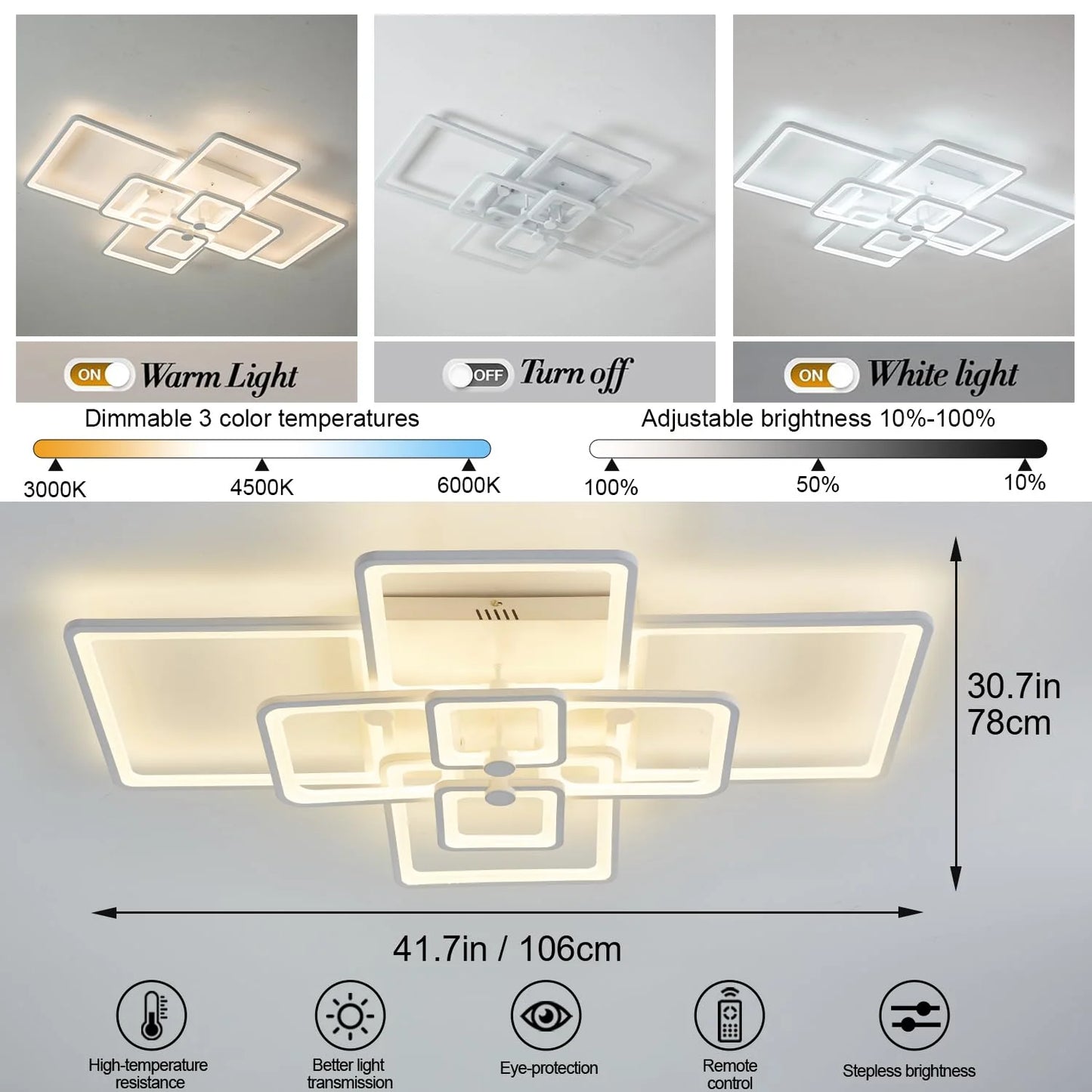 White Acrylic Modern LED Ceiling Light,41.7in White Modern LED Ceiling Light Dimmable for Living Room,8 Square Frame Acrylic with Remote Ceiling Lamps for Kitchen Bedroom Dining Room, Good Condition condition - View 8