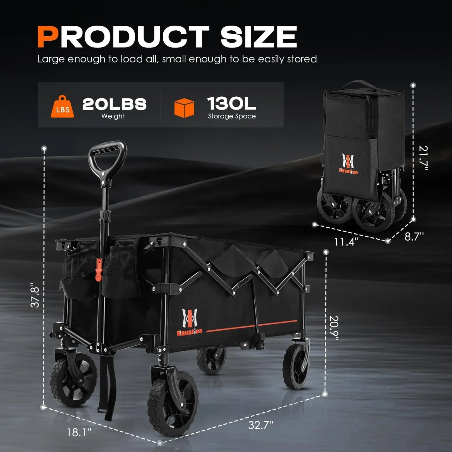 Black Mixed Materials Navatiee 130L Collapsible Folding Wagon, Large Capacity Foldable Wagon with Silent All-Terrain Wheels, Utility Grocery Wagon Cart for Camping Shopping Outdoor, Black, As Is condition - View 8