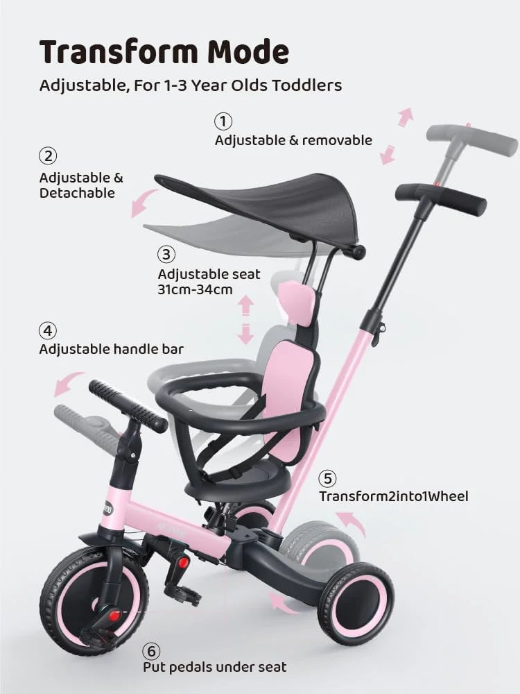 Pink newyoo Tricycle for Toddlers 1-3, Toddler Tricycle with Push Handle and Canopy, Toddler Bike, Birthday Gift and Toys for Girl and Boy, 6 in 1 Baby Trike, Balance Bike, TR009, Pink, Good Condition condition - View 11