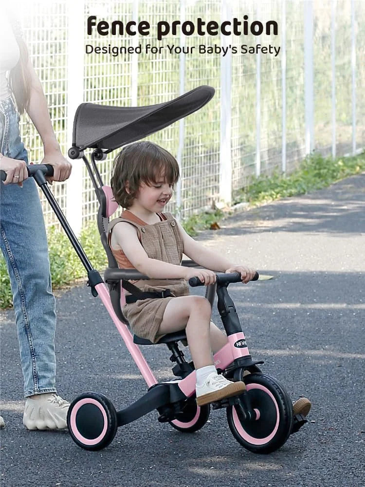 Pink newyoo Tricycle for Toddlers 1-3, Toddler Tricycle with Push Handle and Canopy, Toddler Bike, Birthday Gift and Toys for Girl and Boy, 6 in 1 Baby Trike, Balance Bike, TR009, Pink, Good Condition condition - View 12