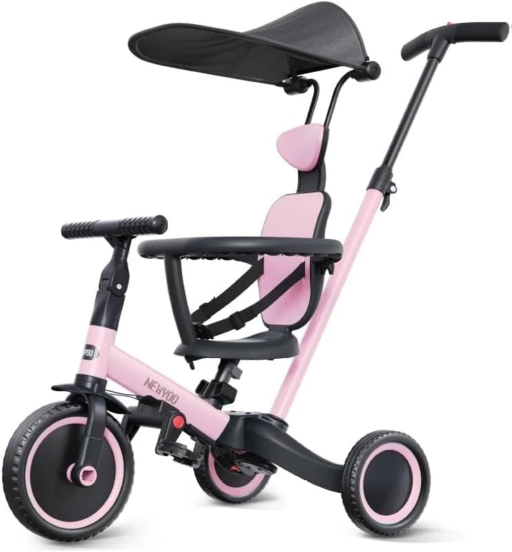 Pink newyoo Tricycle for Toddlers 1-3, Toddler Tricycle with Push Handle and Canopy, Toddler Bike, Birthday Gift and Toys for Girl and Boy, 6 in 1 Baby Trike, Balance Bike, TR009, Pink, Good Condition condition - View 1