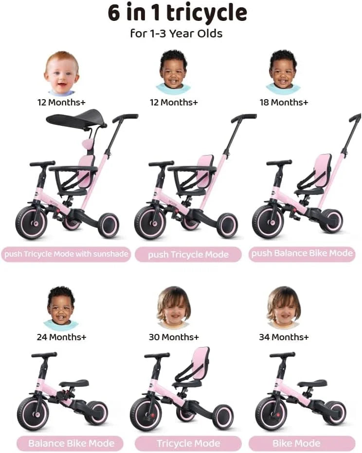 Pink newyoo Tricycle for Toddlers 1-3, Toddler Tricycle with Push Handle and Canopy, Toddler Bike, Birthday Gift and Toys for Girl and Boy, 6 in 1 Baby Trike, Balance Bike, TR009, Pink, Good Condition condition - View 8