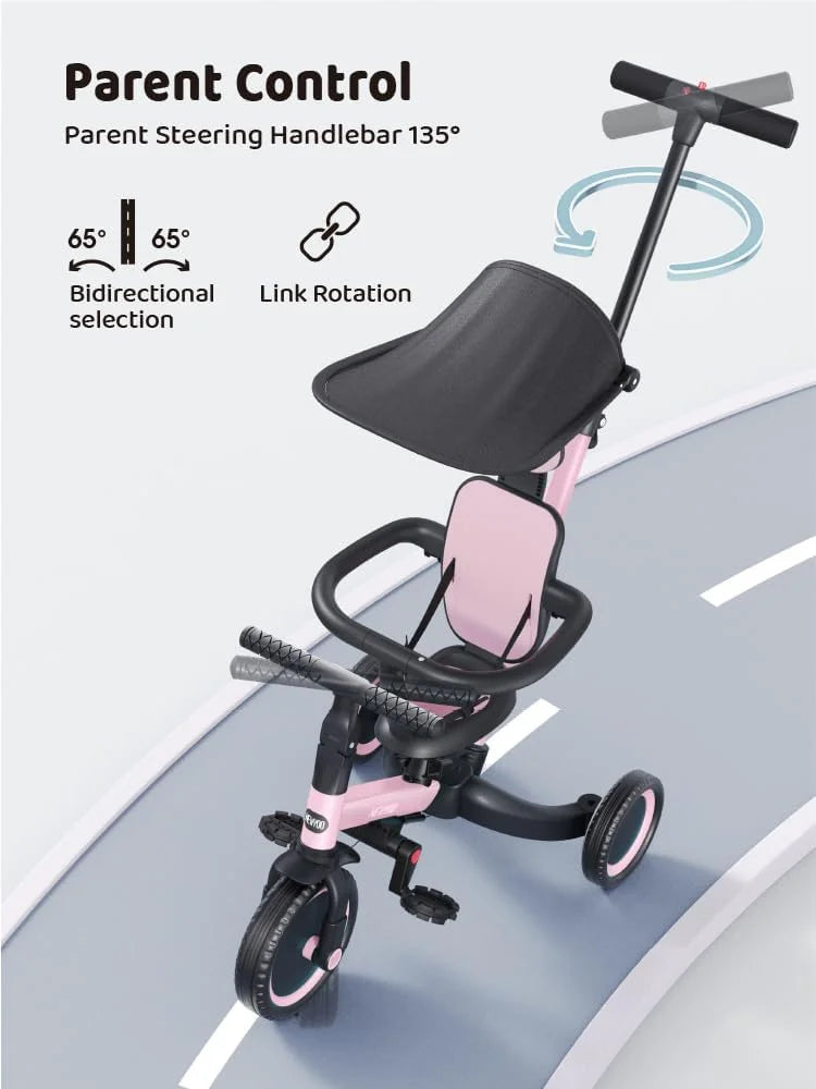 Pink newyoo Tricycle for Toddlers 1-3, Toddler Tricycle with Push Handle and Canopy, Toddler Bike, Birthday Gift and Toys for Girl and Boy, 6 in 1 Baby Trike, Balance Bike, TR009, Pink, Good Condition condition - View 9