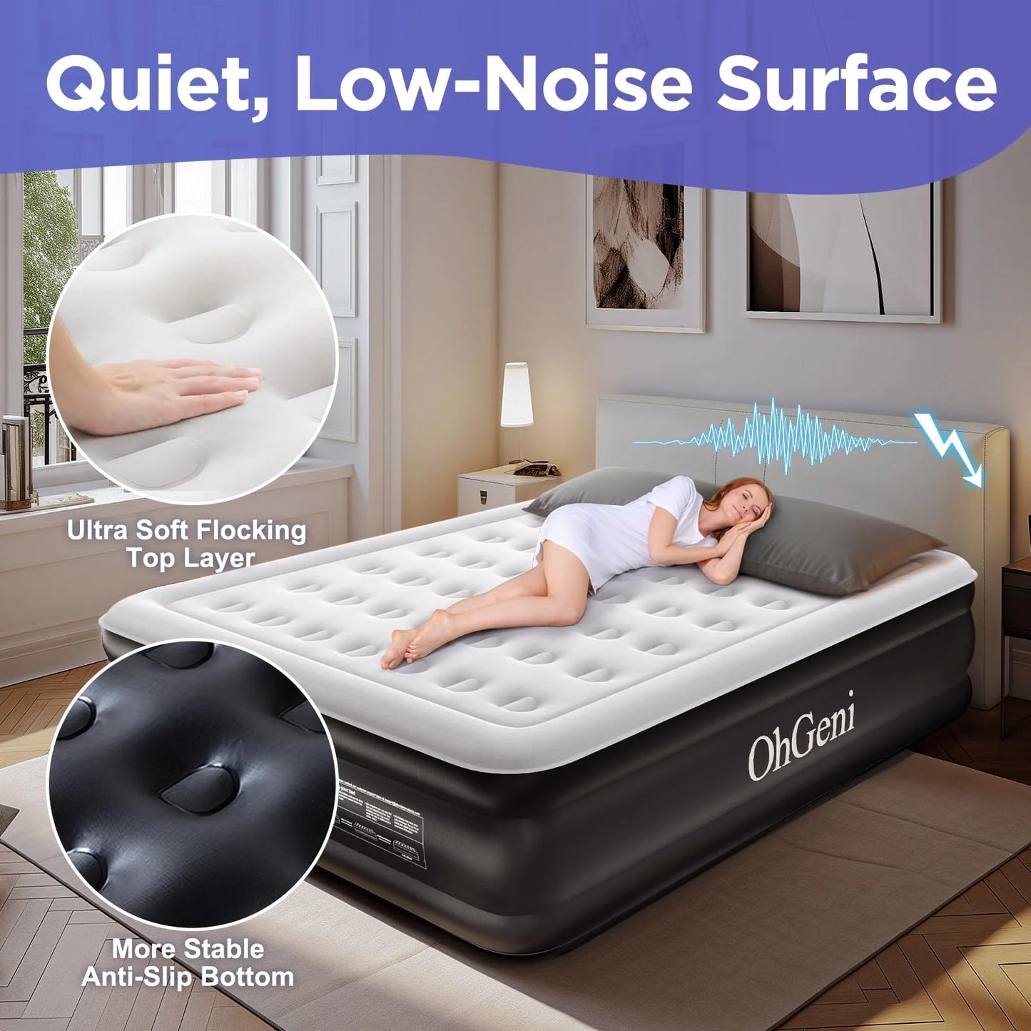 Black PVC OhGeni Cal King Air Mattress with Built-in Pump for Guest, 18" Tall Inflatable Blow Up Air Bed with Carrying Bag for Camping, Raised Elevated High Airbed, Foldable & Portable Colchon inflables, Black, Good Condition condition - View 5