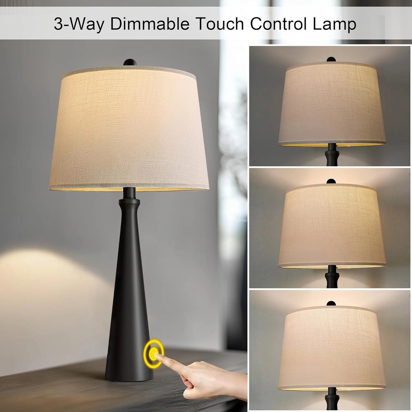 Black Fabric, Metal Oneach 25.75" Table Lamps Set of 2 for Living Room Bedroom, Bedside Lamp 3-Way Dimmable Touch Control, Modern Black Nightstand Light Fabric Shade Vintage Accent Style Black-2 Pack 25.75", As Is condition - View 10