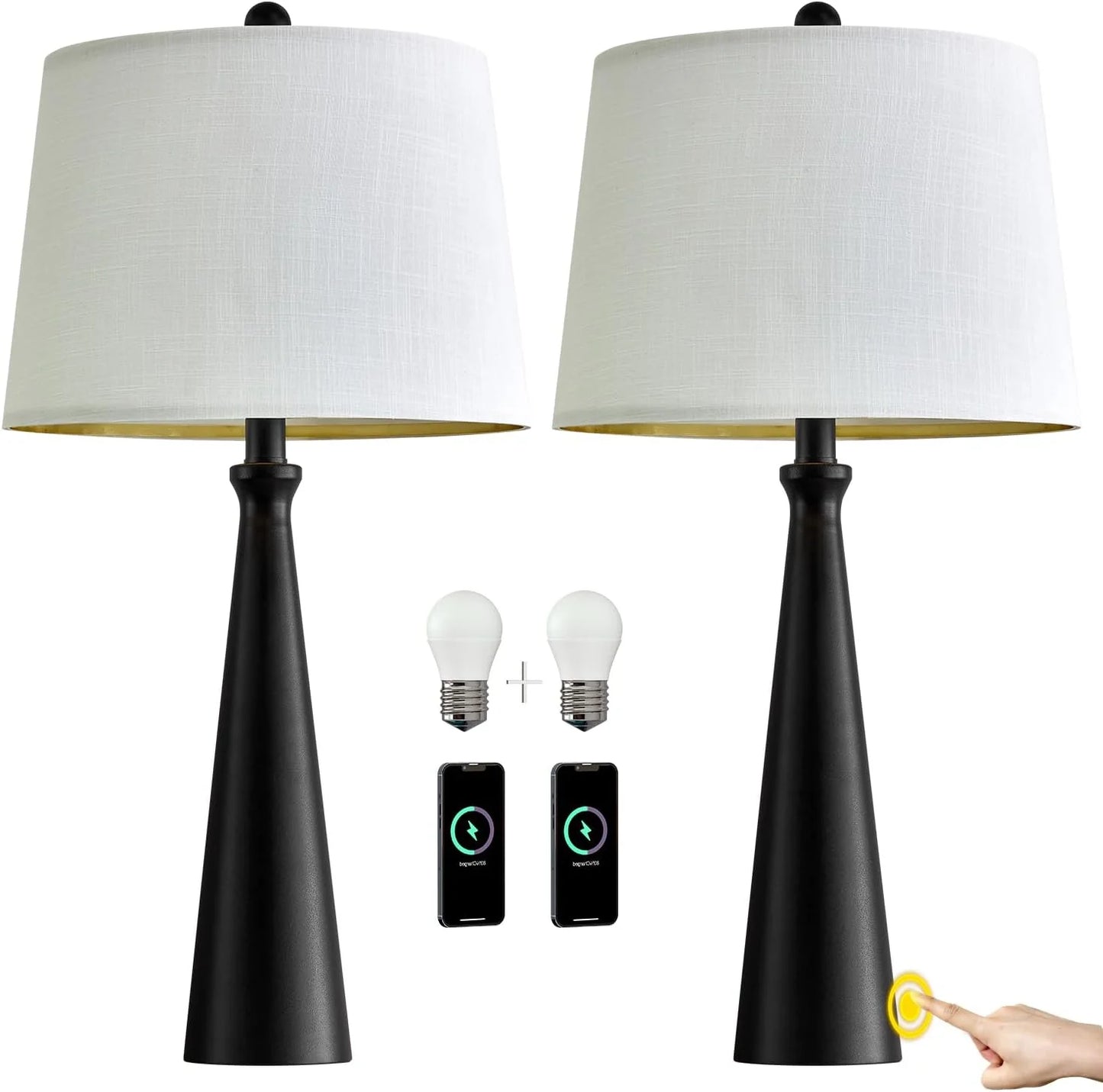 Black Fabric, Metal Oneach 25.75" Table Lamps Set of 2 for Living Room Bedroom, Bedside Lamp 3-Way Dimmable Touch Control, Modern Black Nightstand Light Fabric Shade Vintage Accent Style Black-2 Pack 25.75", As Is condition - View 15
