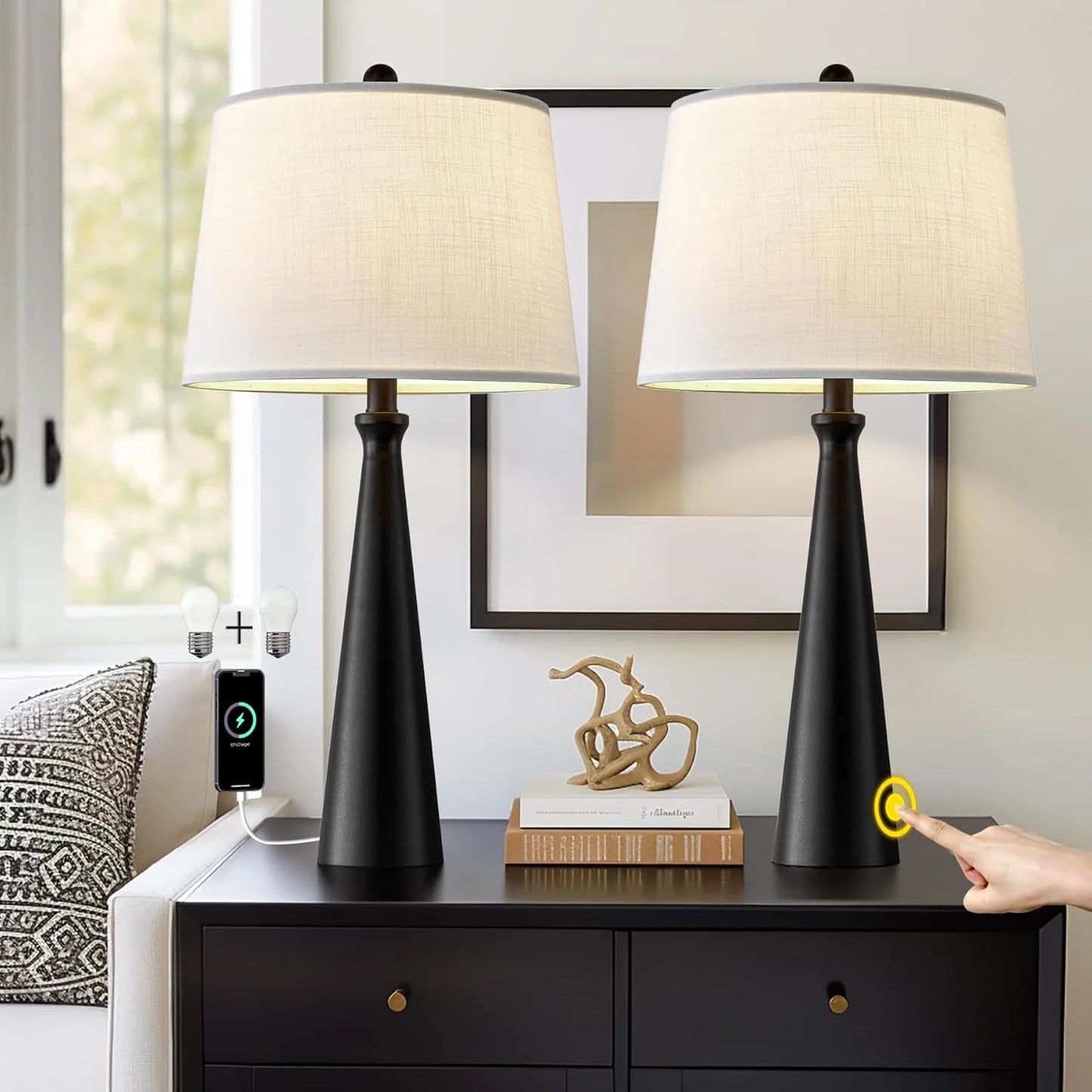 Black Fabric, Metal Oneach 25.75" Table Lamps Set of 2 for Living Room Bedroom, Bedside Lamp 3-Way Dimmable Touch Control, Modern Black Nightstand Light Fabric Shade Vintage Accent Style Black-2 Pack 25.75", As Is condition - View 1