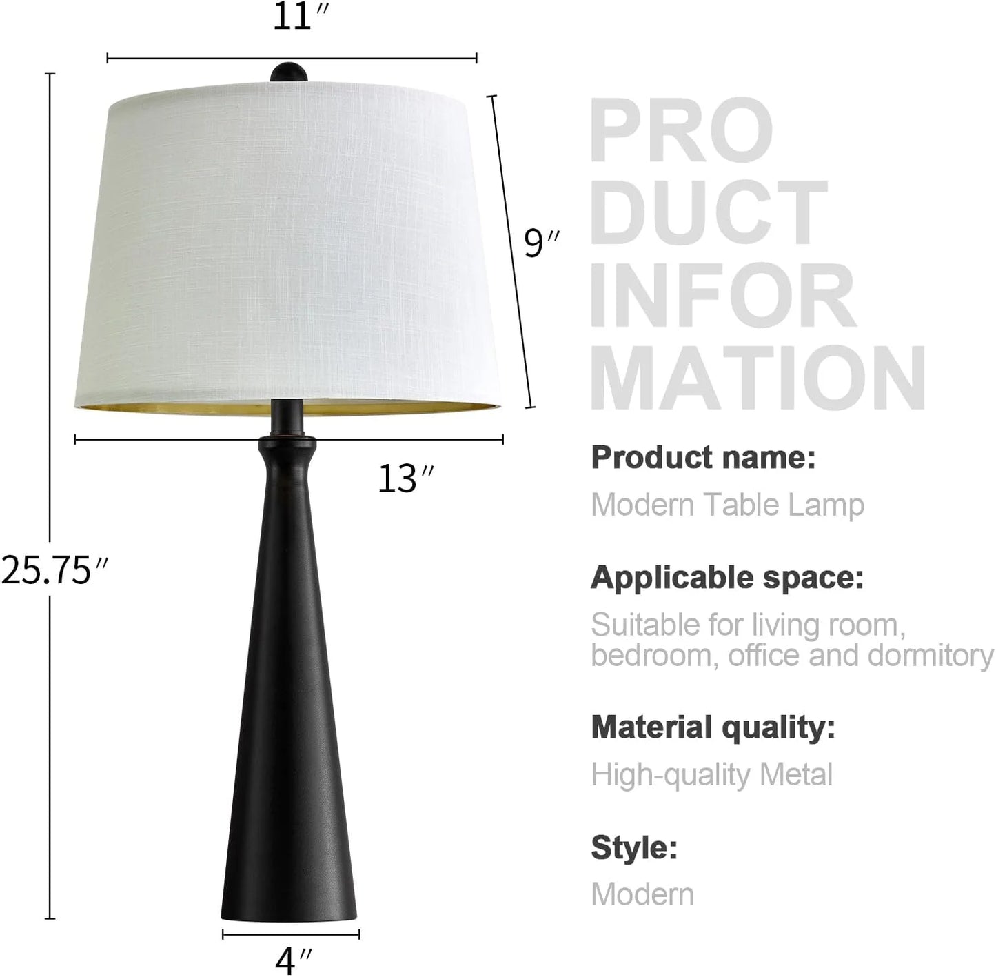 Black Fabric, Metal Oneach 25.75" Table Lamps Set of 2 for Living Room Bedroom, Bedside Lamp 3-Way Dimmable Touch Control, Modern Black Nightstand Light Fabric Shade Vintage Accent Style Black-2 Pack 25.75", As Is condition - View 8
