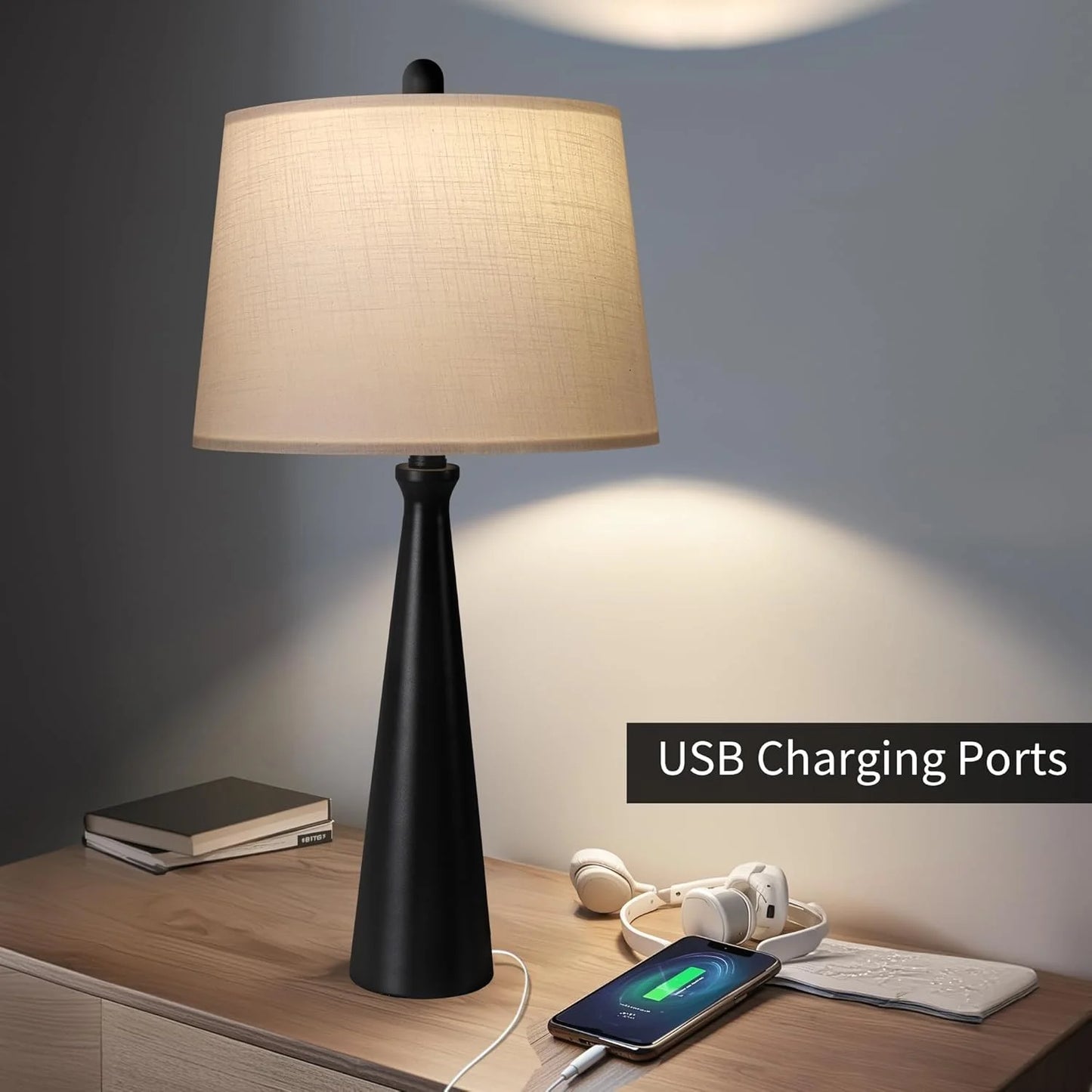Black Fabric, Metal Oneach 25.75" Table Lamps Set of 2 for Living Room Bedroom, Bedside Lamp 3-Way Dimmable Touch Control, Modern Black Nightstand Light Fabric Shade Vintage Accent Style Black-2 Pack 25.75", As Is condition - View 9