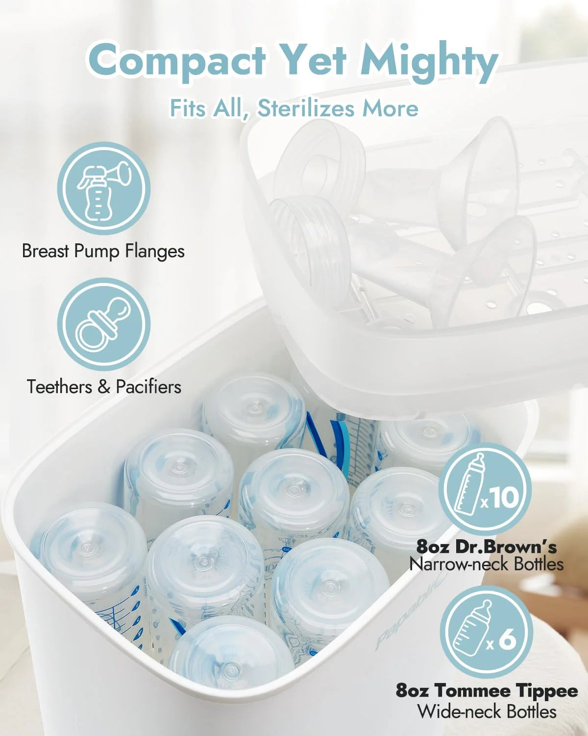 White BPA-free plastic Papablic Baby Bottle Sterilizer and Dryer, Electric Steam Sterilizer for Baby Bottles, Pacifiers, and Pump Parts, Large Capacity 10 Bottle, Fast Sanitizes and Dries Bottles, Easy to Use and Clean, Good Condition condition - View 6