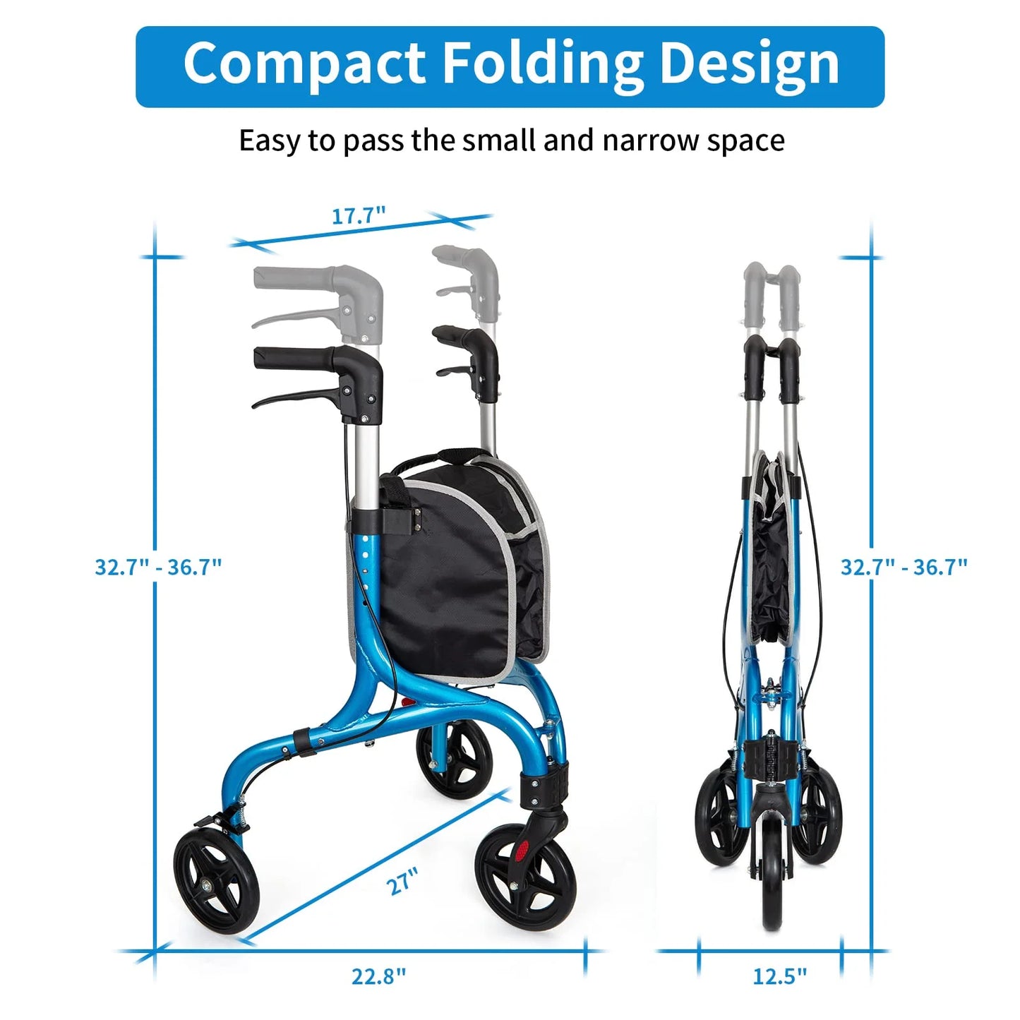 Brilliant Blue Aluminum Planetwalk Premium 3 Wheel Rollator Walker for Seniors - Ultra Lightweight Foldable Walker for Elderly, Aluminum Three Wheel Mobility Aid, Brilliant Blue, Good Condition condition - View 3