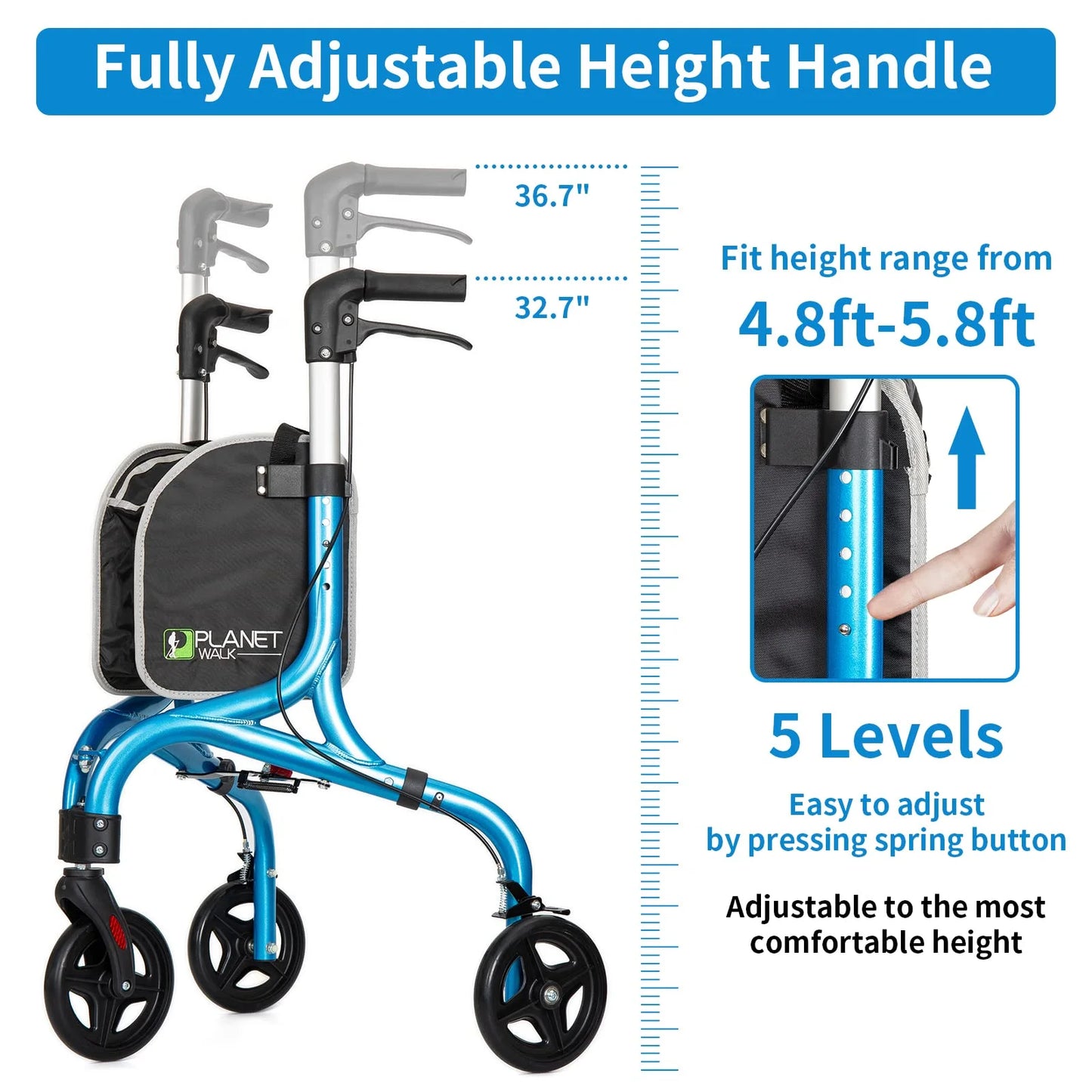 Brilliant Blue Aluminum Planetwalk Premium 3 Wheel Rollator Walker for Seniors - Ultra Lightweight Foldable Walker for Elderly, Aluminum Three Wheel Mobility Aid, Brilliant Blue, Good Condition condition - View 4