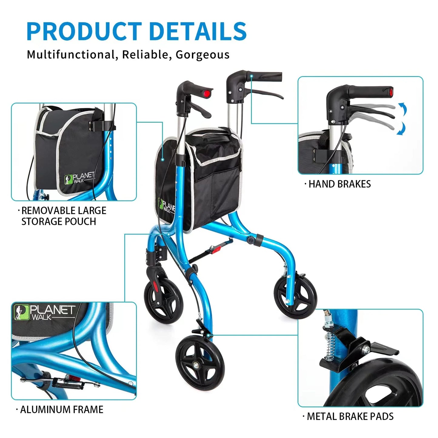 Brilliant Blue Aluminum Planetwalk Premium 3 Wheel Rollator Walker for Seniors - Ultra Lightweight Foldable Walker for Elderly, Aluminum Three Wheel Mobility Aid, Brilliant Blue, Good Condition condition - View 5