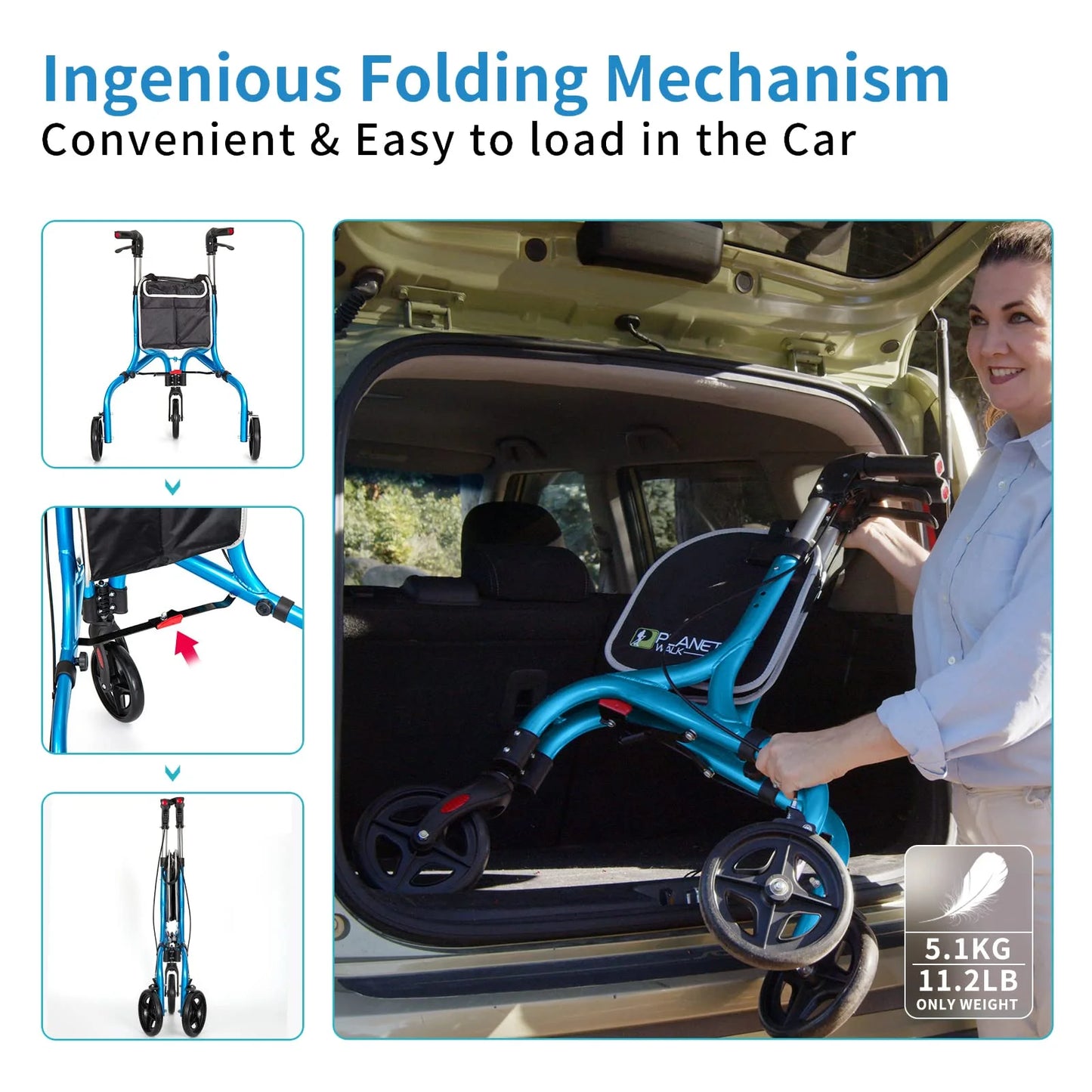 Brilliant Blue Aluminum Planetwalk Premium 3 Wheel Rollator Walker for Seniors - Ultra Lightweight Foldable Walker for Elderly, Aluminum Three Wheel Mobility Aid, Brilliant Blue, Good Condition condition - View 6