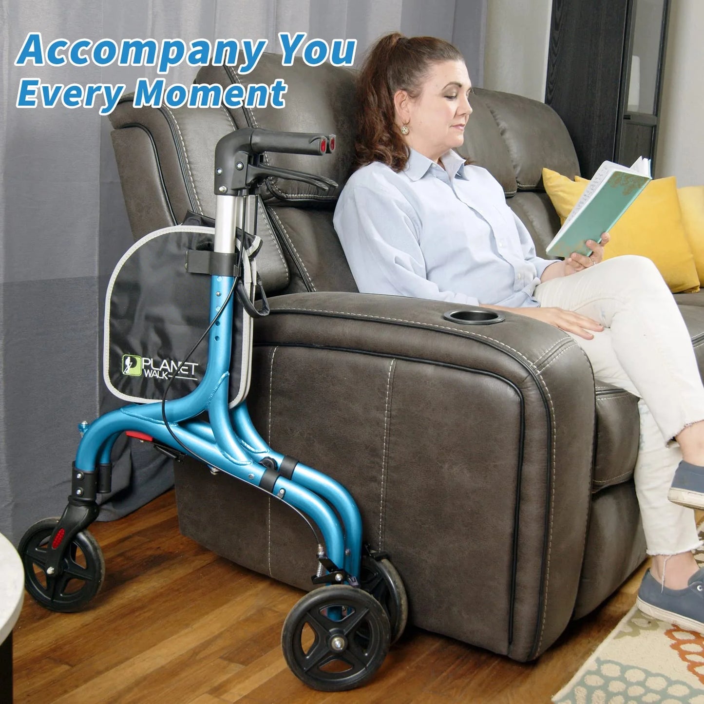 Brilliant Blue Aluminum Planetwalk Premium 3 Wheel Rollator Walker for Seniors - Ultra Lightweight Foldable Walker for Elderly, Aluminum Three Wheel Mobility Aid, Brilliant Blue, Good Condition condition - View 7