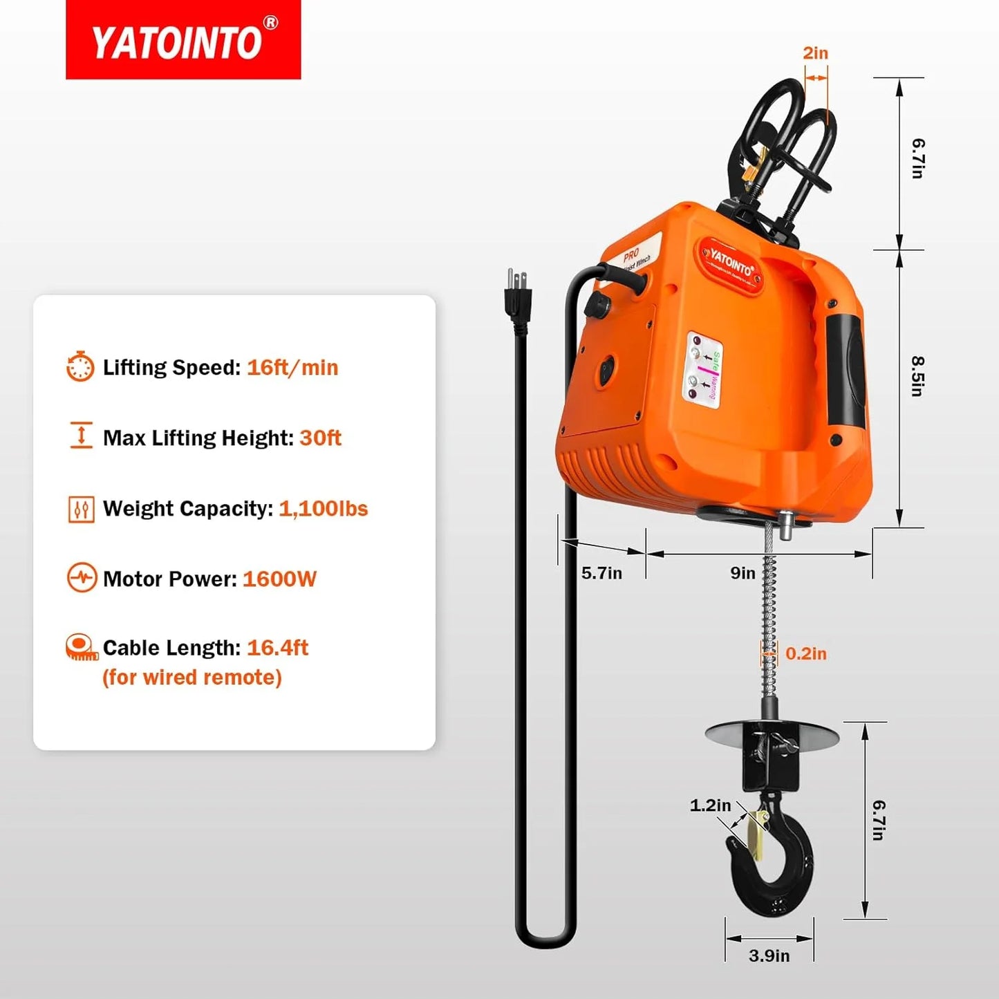 Black Metal PRO Electric Hoist Winch 1,100lbs, 1600W 110V/120V Electric Winch with Dual Wireless Remote Control, 30ft Lifting, 16ft/Min Lifting Speed, Overload Protection, for Garages and Attics, As Is condition - View 9