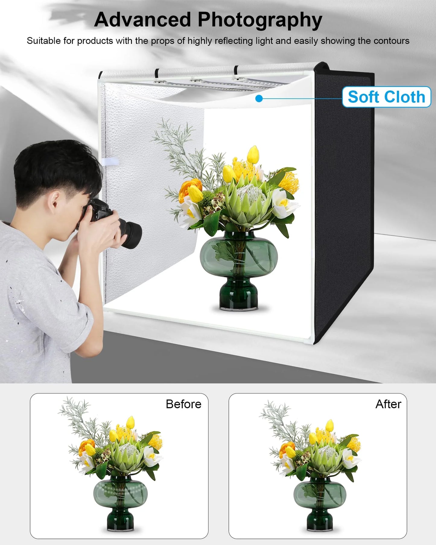 Black, White, Green, Red Fabric, LED PULUZ 32"x32" Light Box Photography, Large Photo Light Box with 3 Stepless Dimming Light Panel, 234 LED Beads, Professional Photo Booth Shooting Tent Kit with 4 Color Backdrops for Product Photography, Good Condition condition - View 4