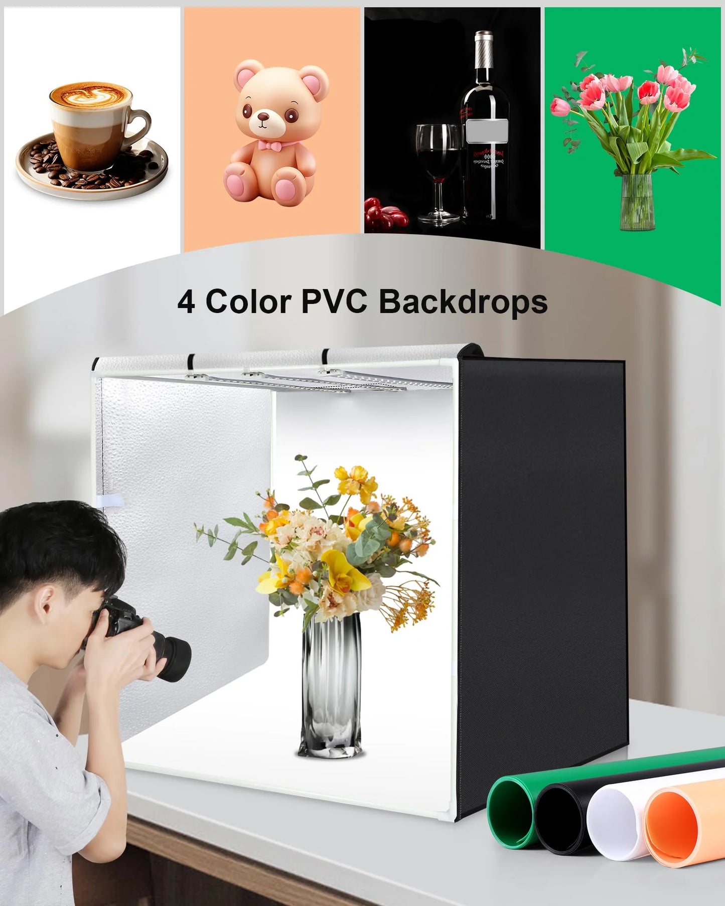 Black, White, Green, Red Fabric, LED PULUZ 32"x32" Light Box Photography, Large Photo Light Box with 3 Stepless Dimming Light Panel, 234 LED Beads, Professional Photo Booth Shooting Tent Kit with 4 Color Backdrops for Product Photography, Good Condition condition - View 6
