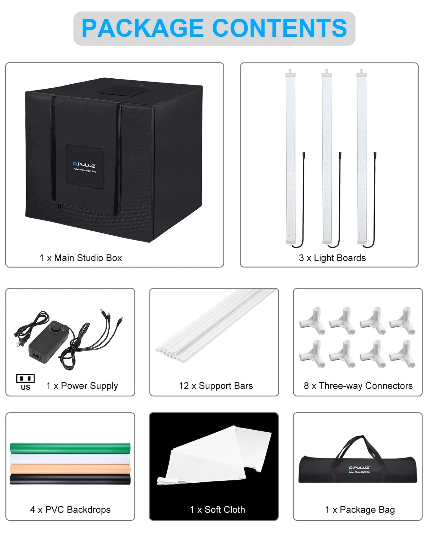 Black, White, Green, Red Fabric, LED PULUZ 32"x32" Light Box Photography, Large Photo Light Box with 3 Stepless Dimming Light Panel, 234 LED Beads, Professional Photo Booth Shooting Tent Kit with 4 Color Backdrops for Product Photography, Good Condition condition - View 7