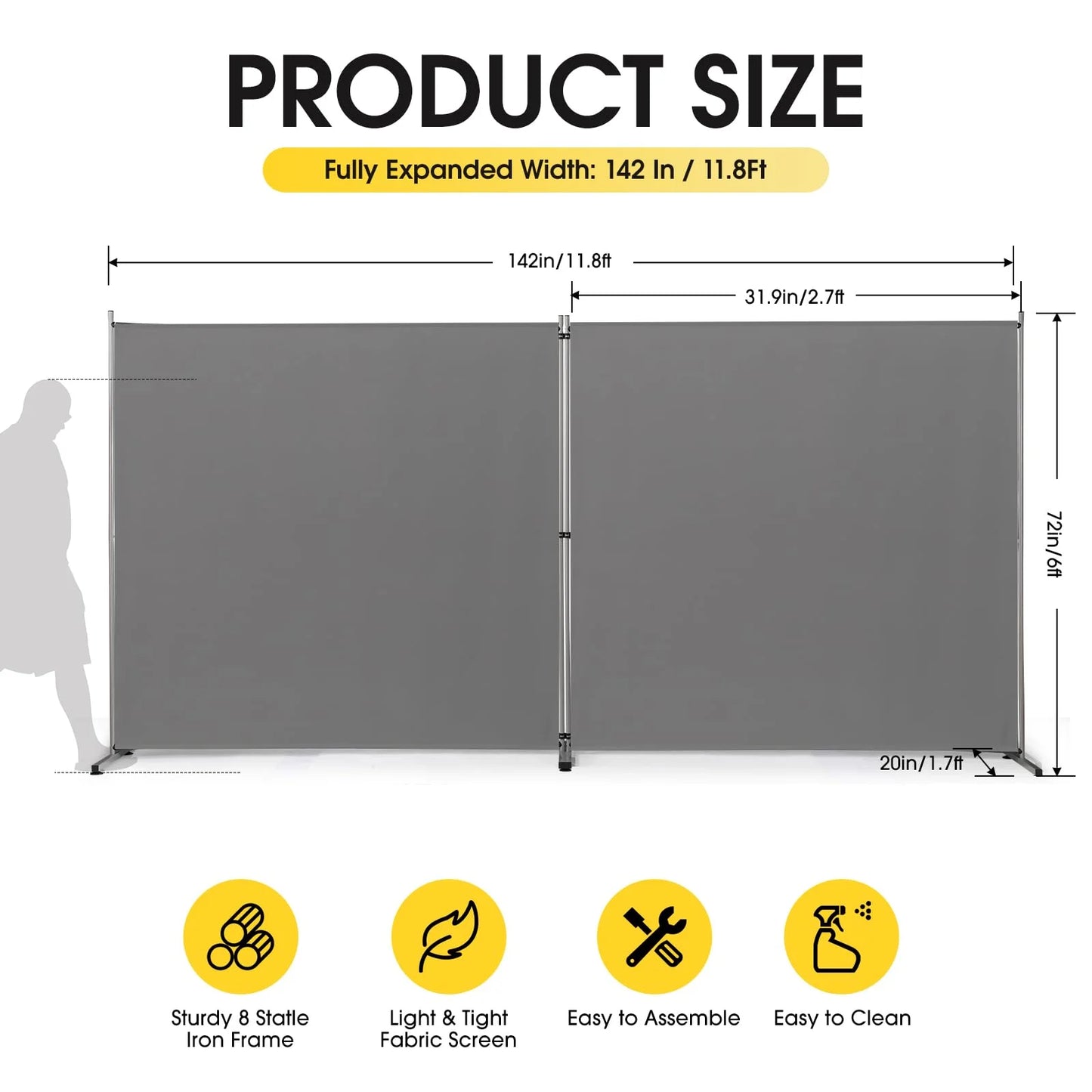 Gray/Grey N/A Rantila Indoor Room Divider, Portable Office Divider, Room Divider Wall Screen 2 Large Panel, Folding Partition Privacy Screen Walls Dividers for Room Separator 142" W x 71" H,Gray,Grey, Good Condition condition - View 5