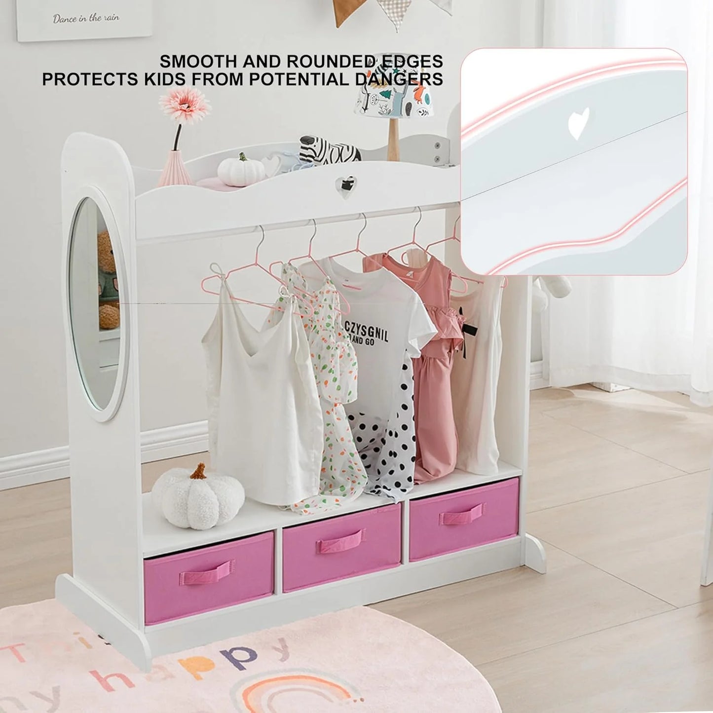 White Wood RELIANCER Kids Armoire Dress-Up Closet w/Mirror,Open Hanging Wardrobe w/Clothes Rack,Toddlers Pretend Play Costume Storage Dresser,Children Costume Organizer Center for Nursery Girl Bedroom Playroom, Good Condition condition - View 8