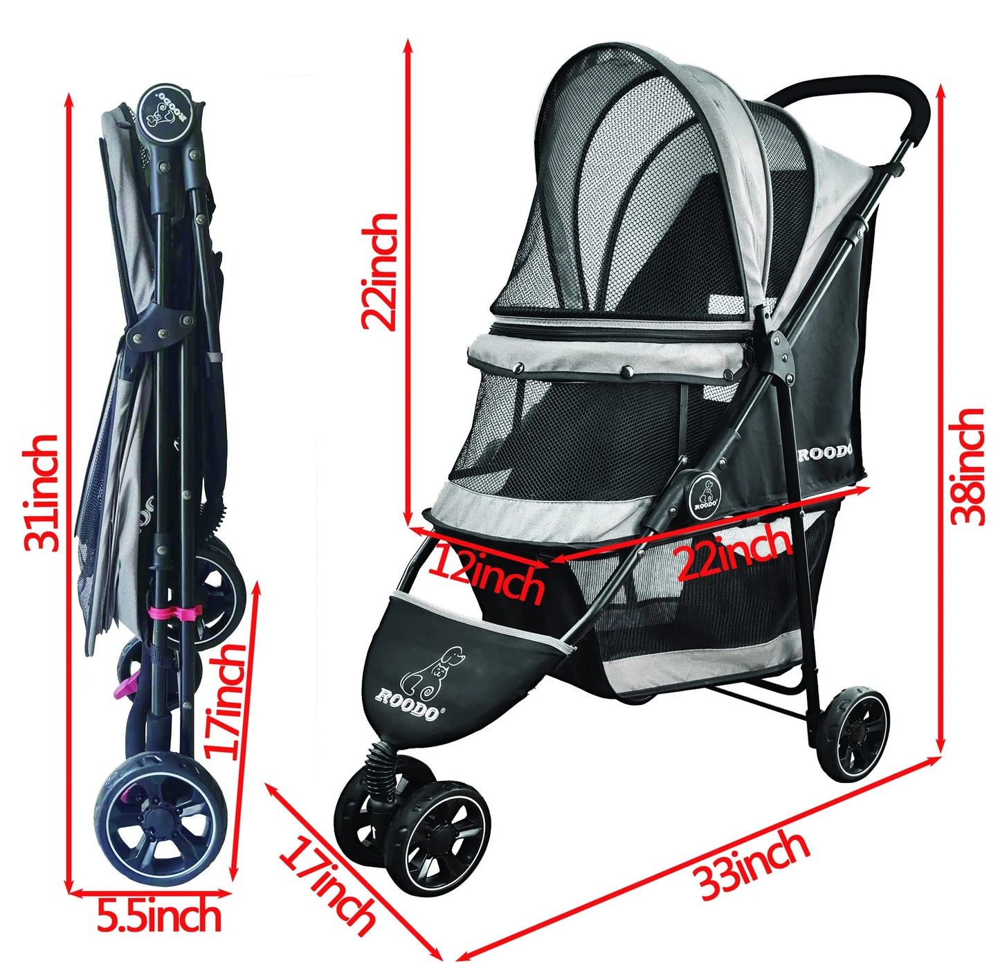 Grey N/A ROODO Escort 3Wheel Dog Stroller Cat Stroller Pet Stroller for Small Dogs and Cats,with Removable Liner Storage Basket and Cup Holder,Lightweight Pet Gear Foldable Jogger Travel System(Grey), Good Condition condition - View 4