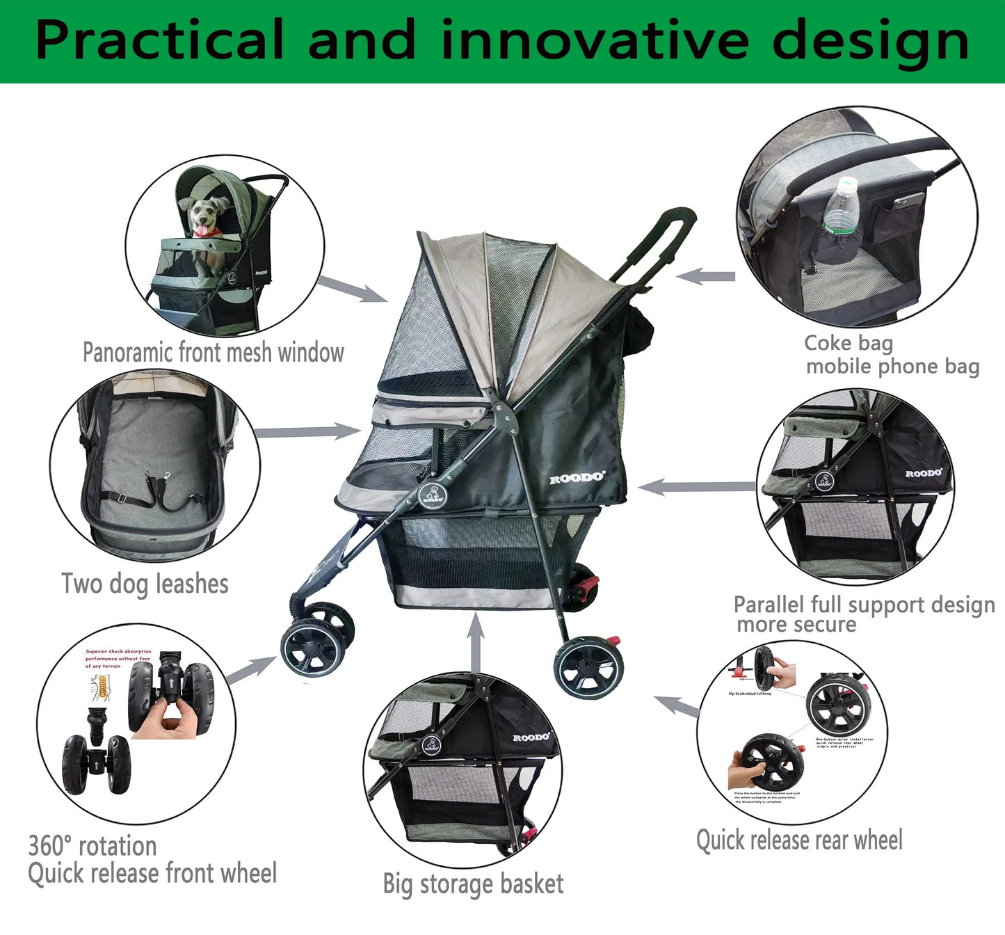 Grey N/A ROODO Escort 3Wheel Dog Stroller Cat Stroller Pet Stroller for Small Dogs and Cats,with Removable Liner Storage Basket and Cup Holder,Lightweight Pet Gear Foldable Jogger Travel System(Grey), Good Condition condition - View 7
