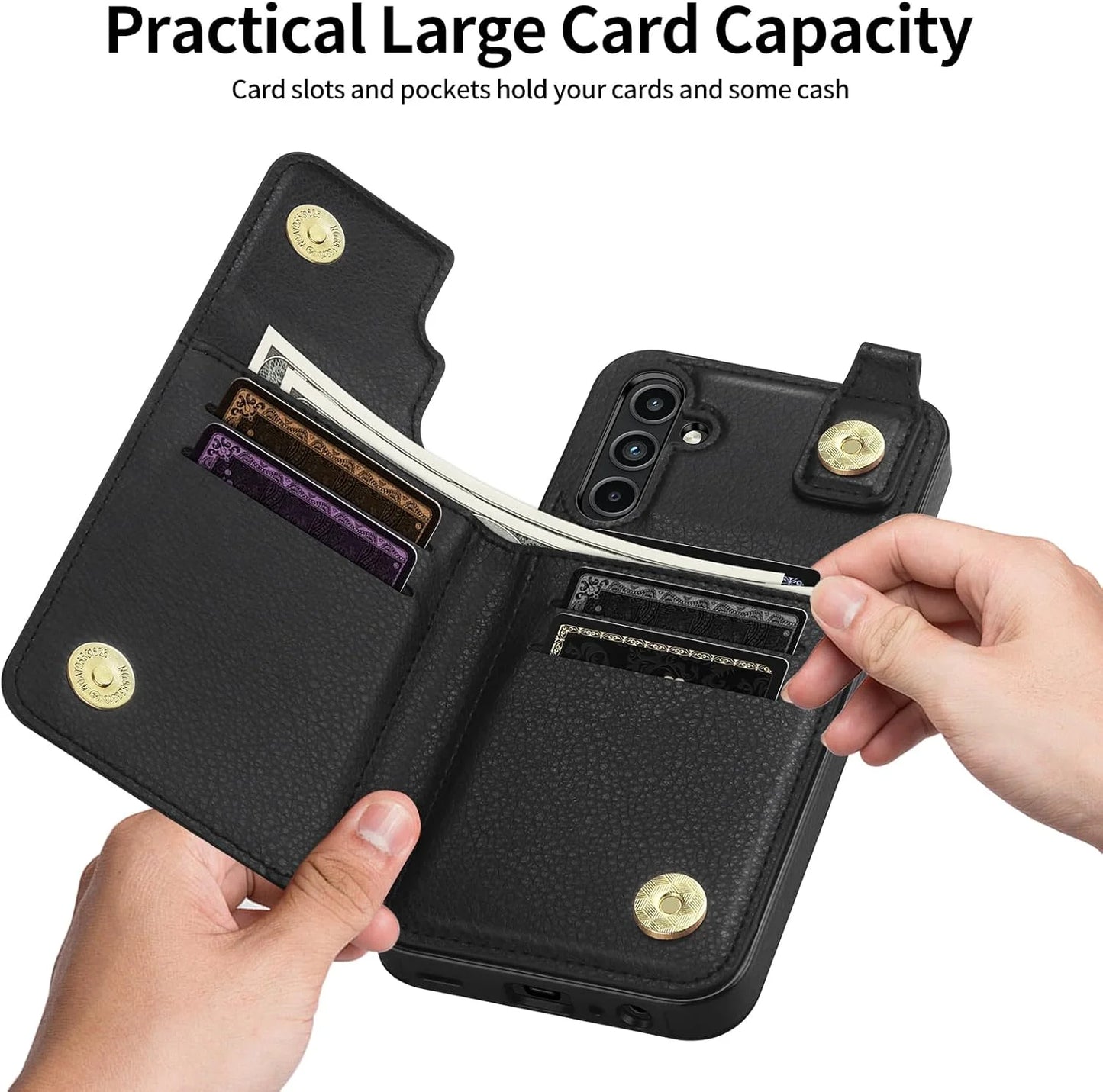 Black PU Leather SAMONPOW for Samsung Galaxy A15 5G Case Wallet with Card Holder, Premium PU Leather Kickstand Card Slots Case, Double Magnetic Clasp Durable Shockproof Phone Case for Samsung A15 5G, Black, Brand New condition - View 4
