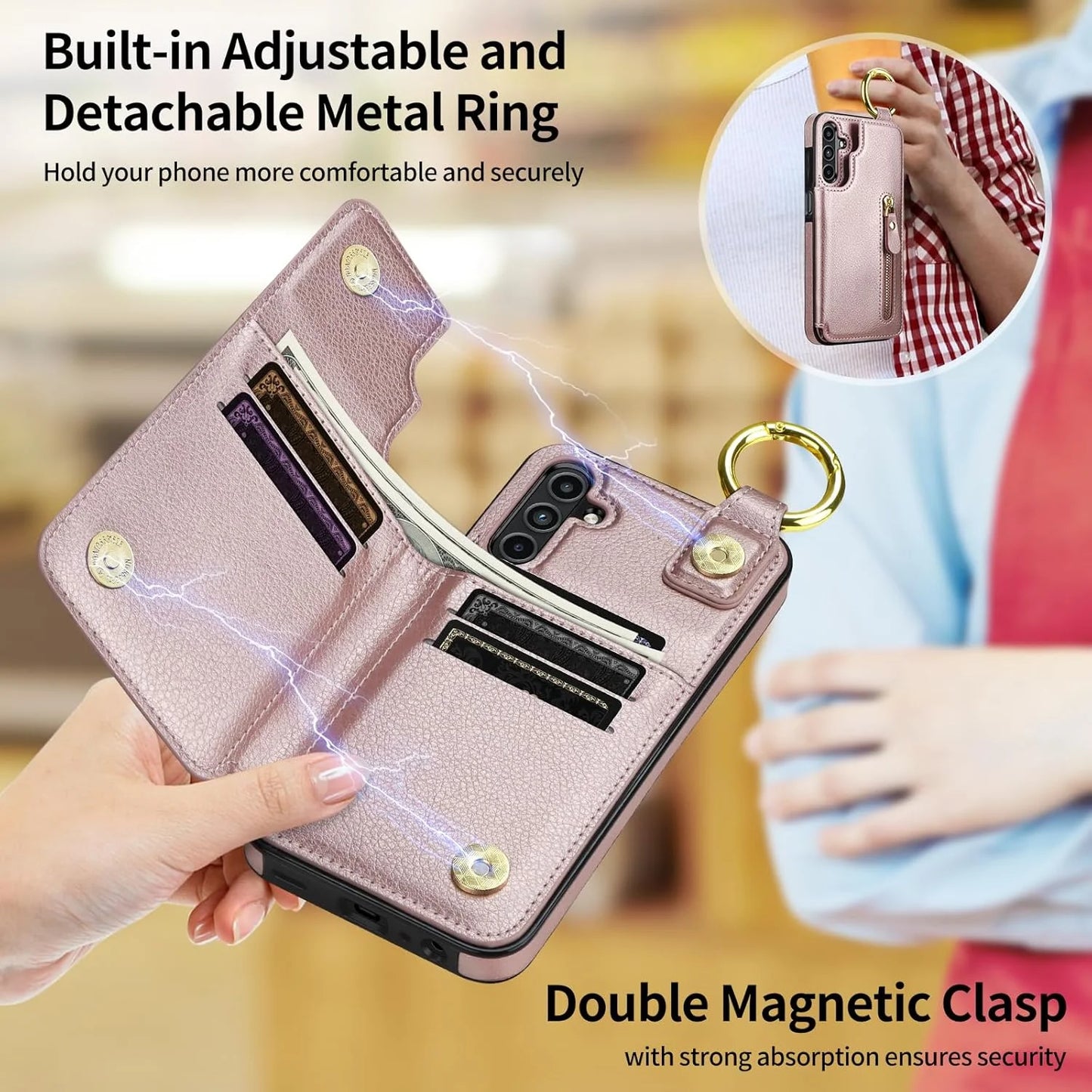 Rose Gold PU Leather SAMONPOW for Samsung Galaxy A15 5G Case Wallet with Card Holder, Premium PU Leather Kickstand Card Slots Case, Double Magnetic Clasp Durable Shockproof Phone Case for Samsung A15 5G, Rose Gold, Brand New condition - View 5