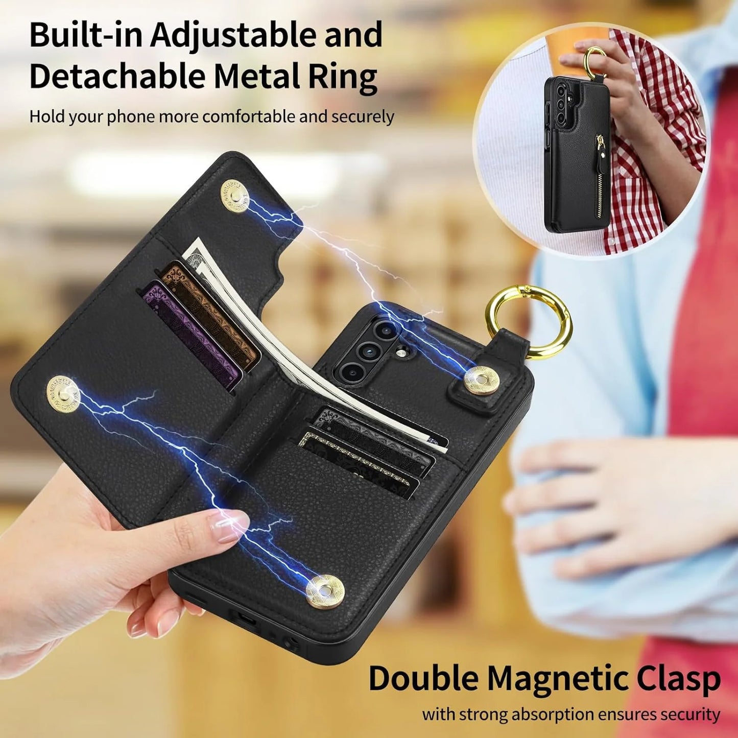 Black PU Leather SAMONPOW for Samsung Galaxy A15 5G Case Wallet with Card Holder, Premium PU Leather Kickstand Card Slots Case, Double Magnetic Clasp Durable Shockproof Phone Case for Samsung A15 5G, Black, Brand New condition - View 5