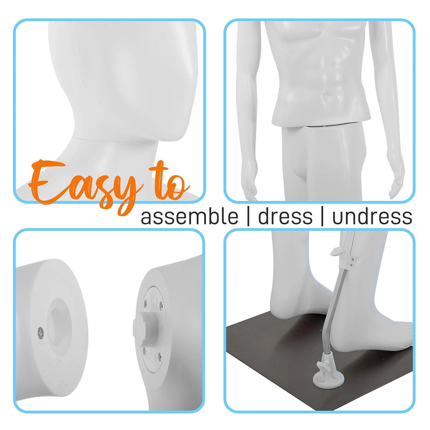 White Mixed SereneLife Adjustable Male Mannequin, Full Body Dress Form, Detachable Mannequin, Poseable Life-Size Torso for Retail Clothing Shops, 73'' Tall, 360° Rotating Head, White, SLMAQML, Good Condition condition - View 8